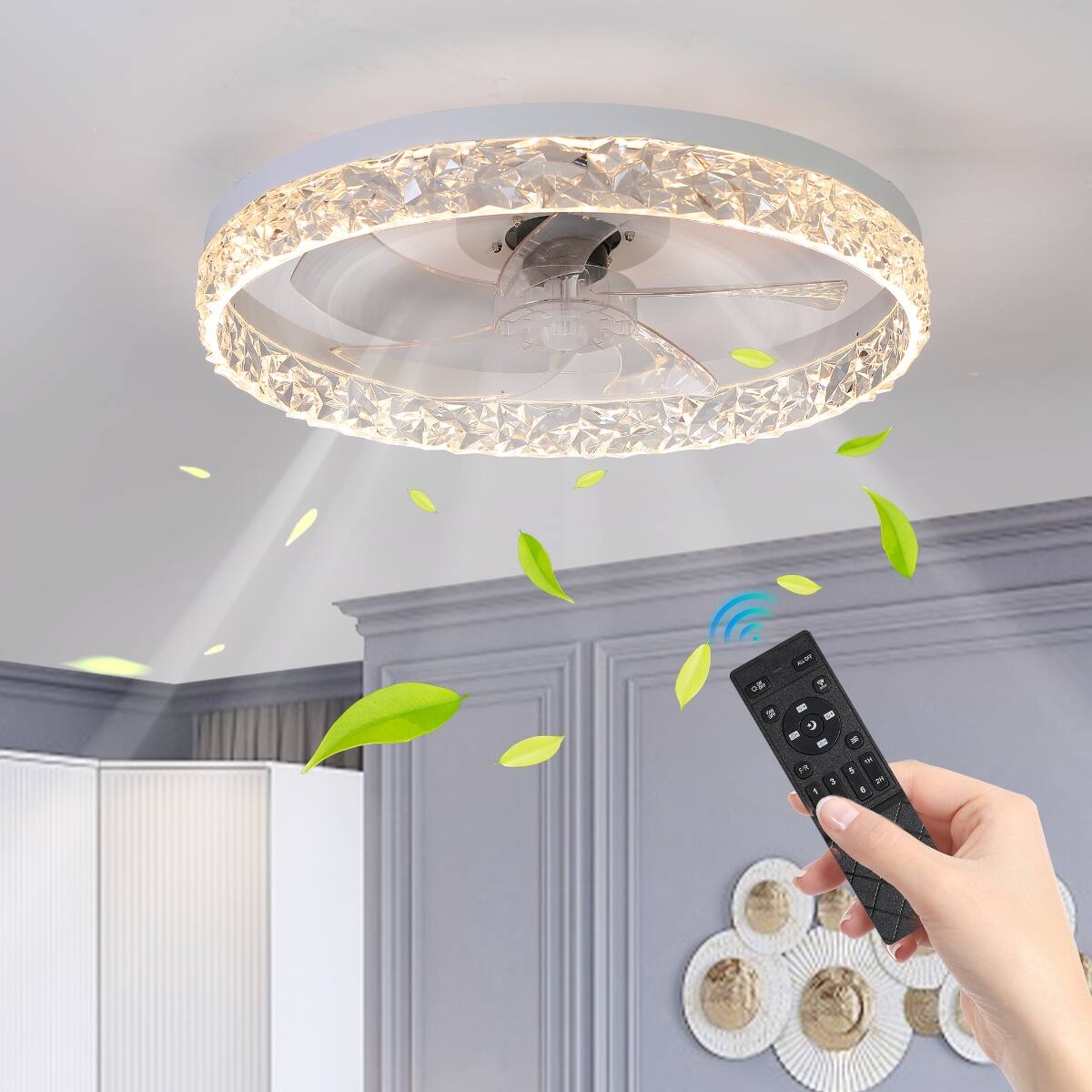 Front. Loheer - Loheer Modern Acrylic Ceiling Fan Light Remote Control Dimmable LED Flush Mount White Chandelier.
