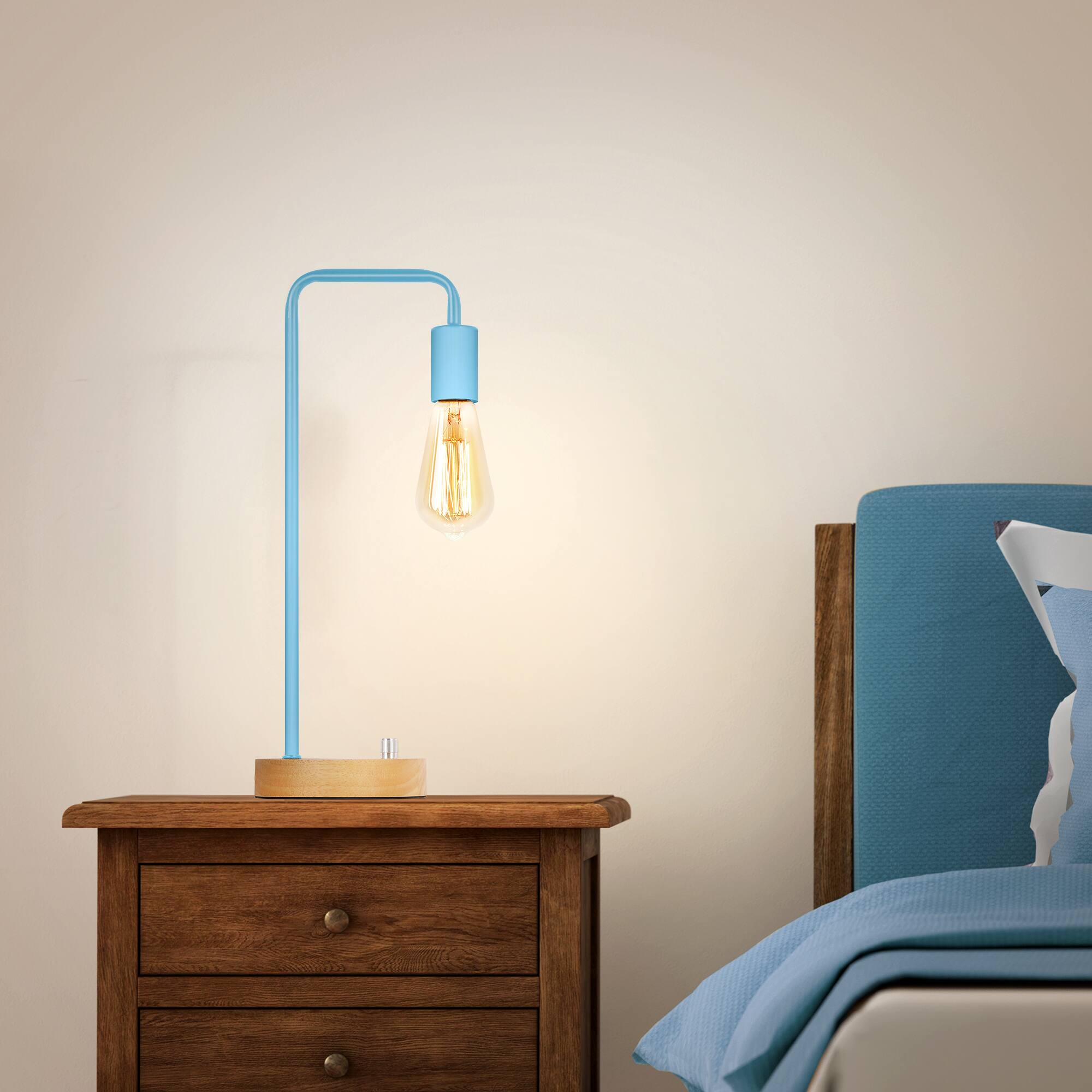 Back. Oumilen - Industrial Table Lamp Blue Desk Lamps Wooden Night Light for Girls Room Bedroom.