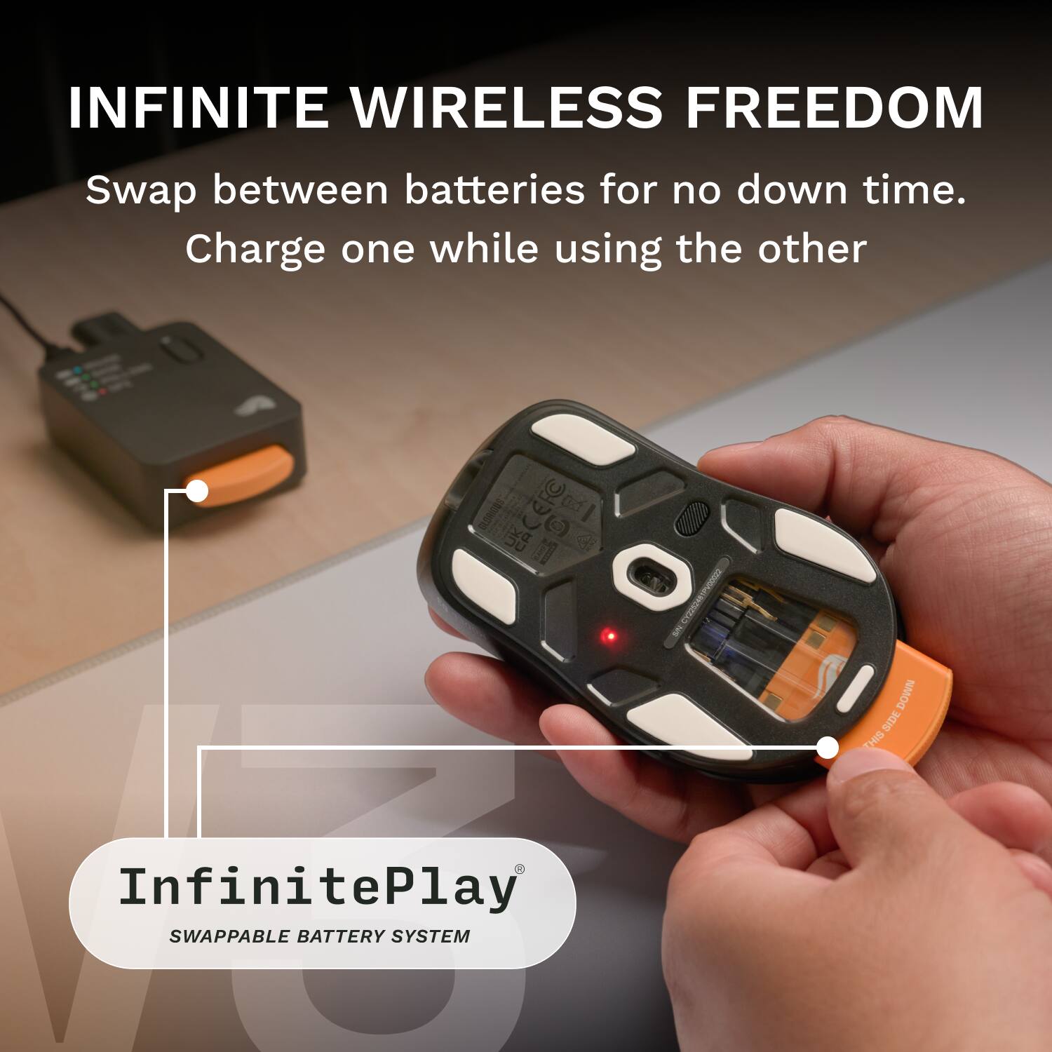 INFINITE WIRELESS FREEDOM  
Swap between batteries for no down time.  
Charge one while using the other  

InfinitePlay  
SWAPPABLE BATTERY SYSTEM