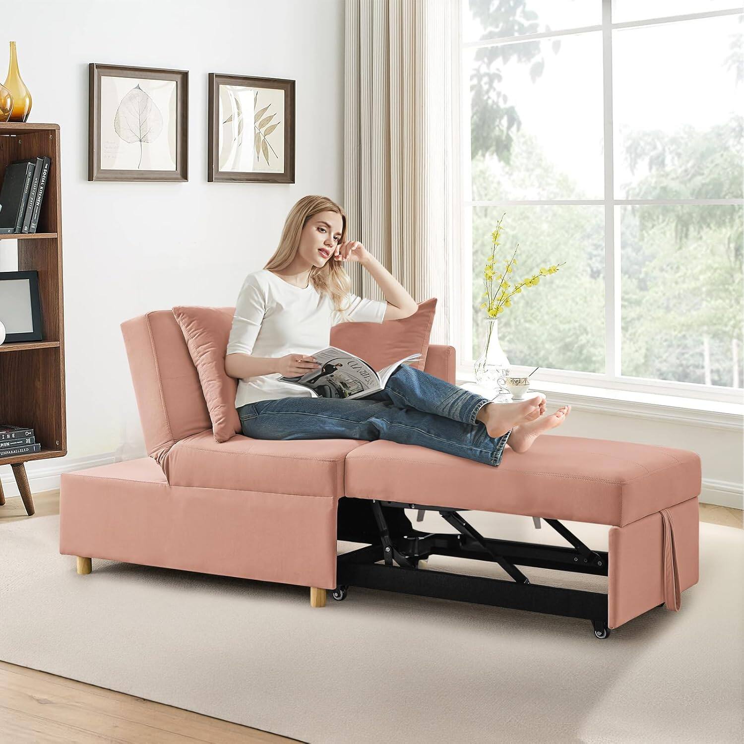 Alt View 1. Trinkets Crazed - 69.7'' Convertible Sleeper Sofa Chair Bed, 3 in 1 Modern Pull Out Bed Sofa with Adjustable Backrest - Pink.