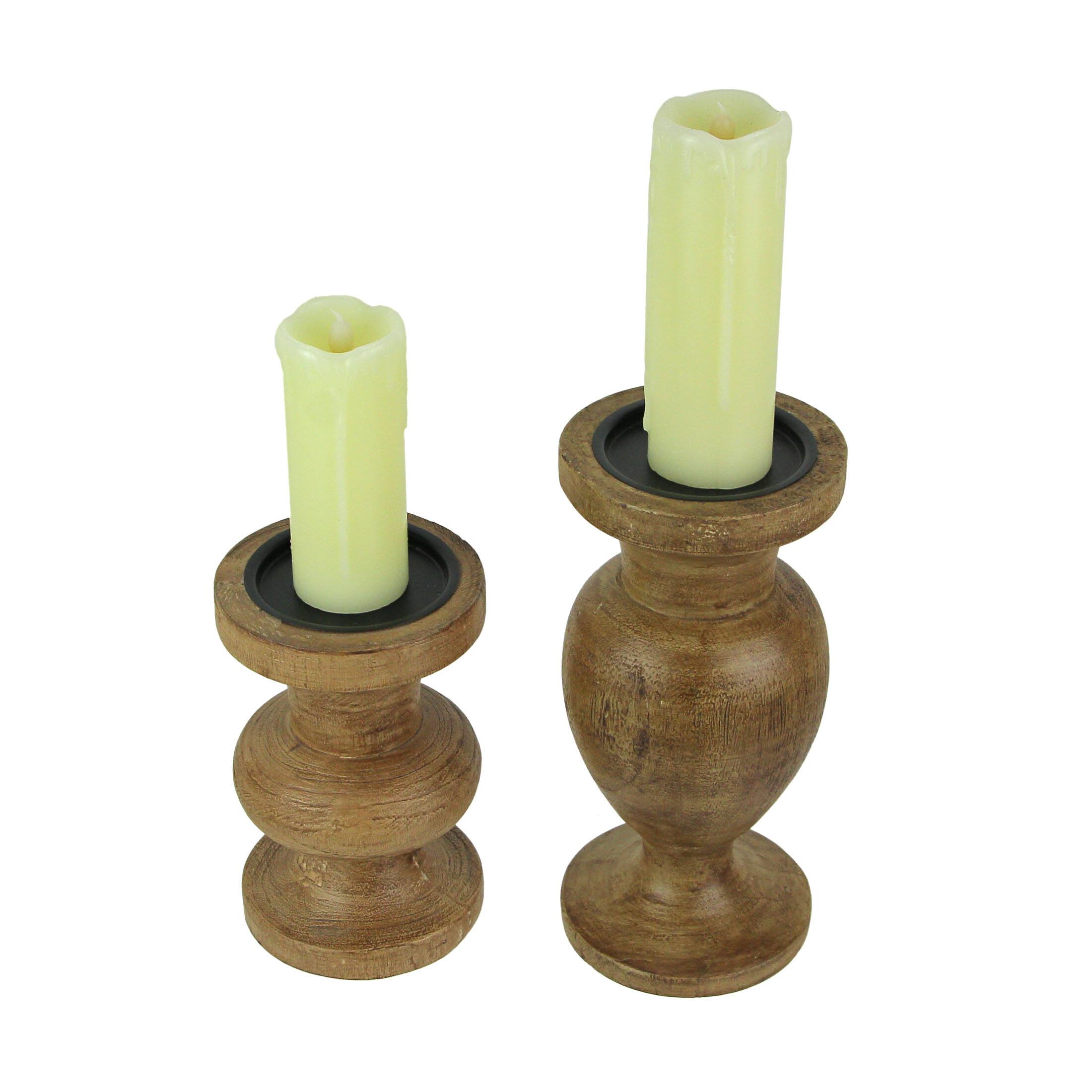 Alt View 1. Things2Die4 - Set of 2 Turned Wood and Metal Pedestal Pillar or Votive Candle Holders - Brown.