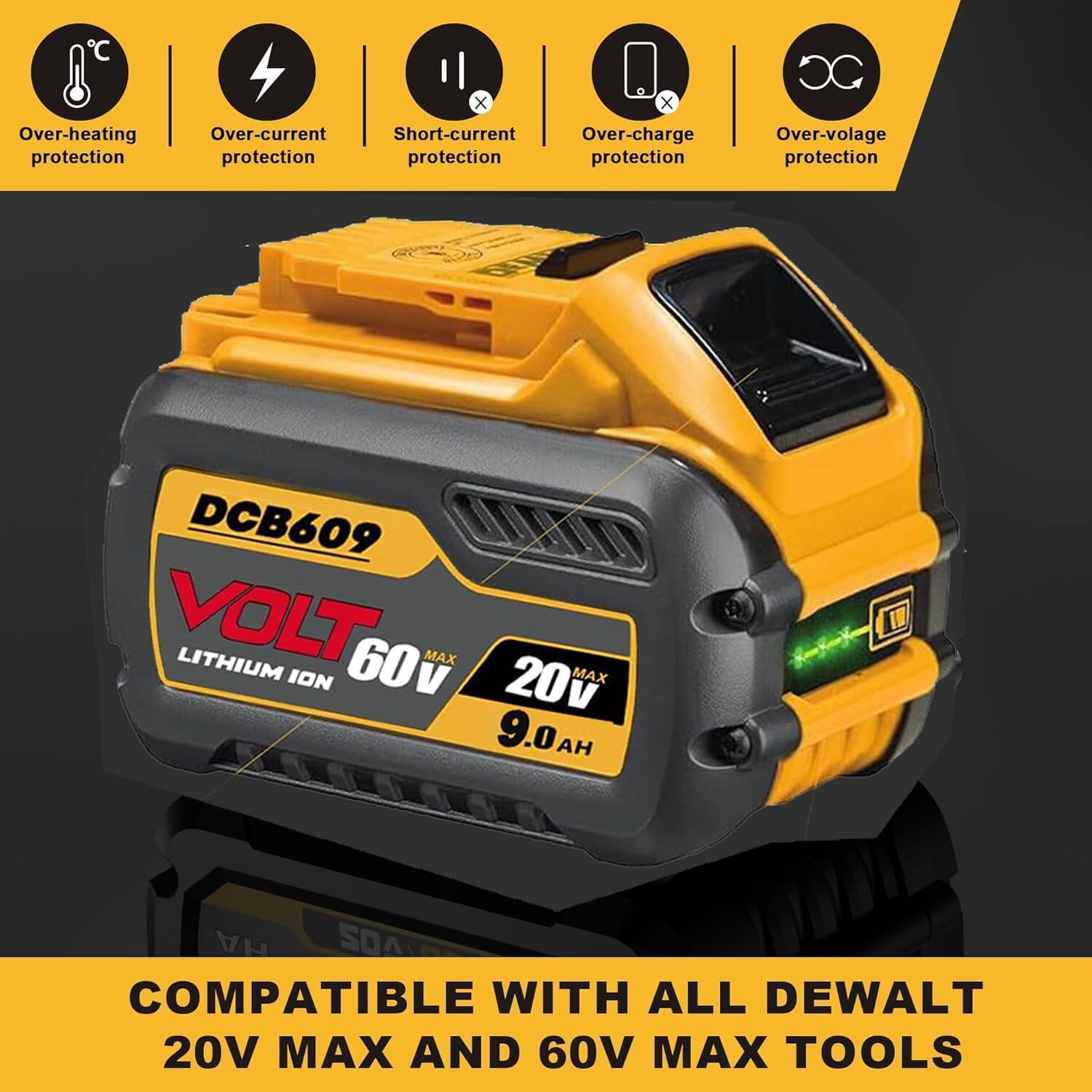 - Over-heating protection
- Over-current protection
- Short-current protection
- Over-charge protection
- Over-voltage protection

DCB609 VOLT LITHIUM 60V MAX 20V MAX 9.0AH

COMPATIBLE WITH ALL DEWALT 20V MAX AND 60V MAX TOOLS
