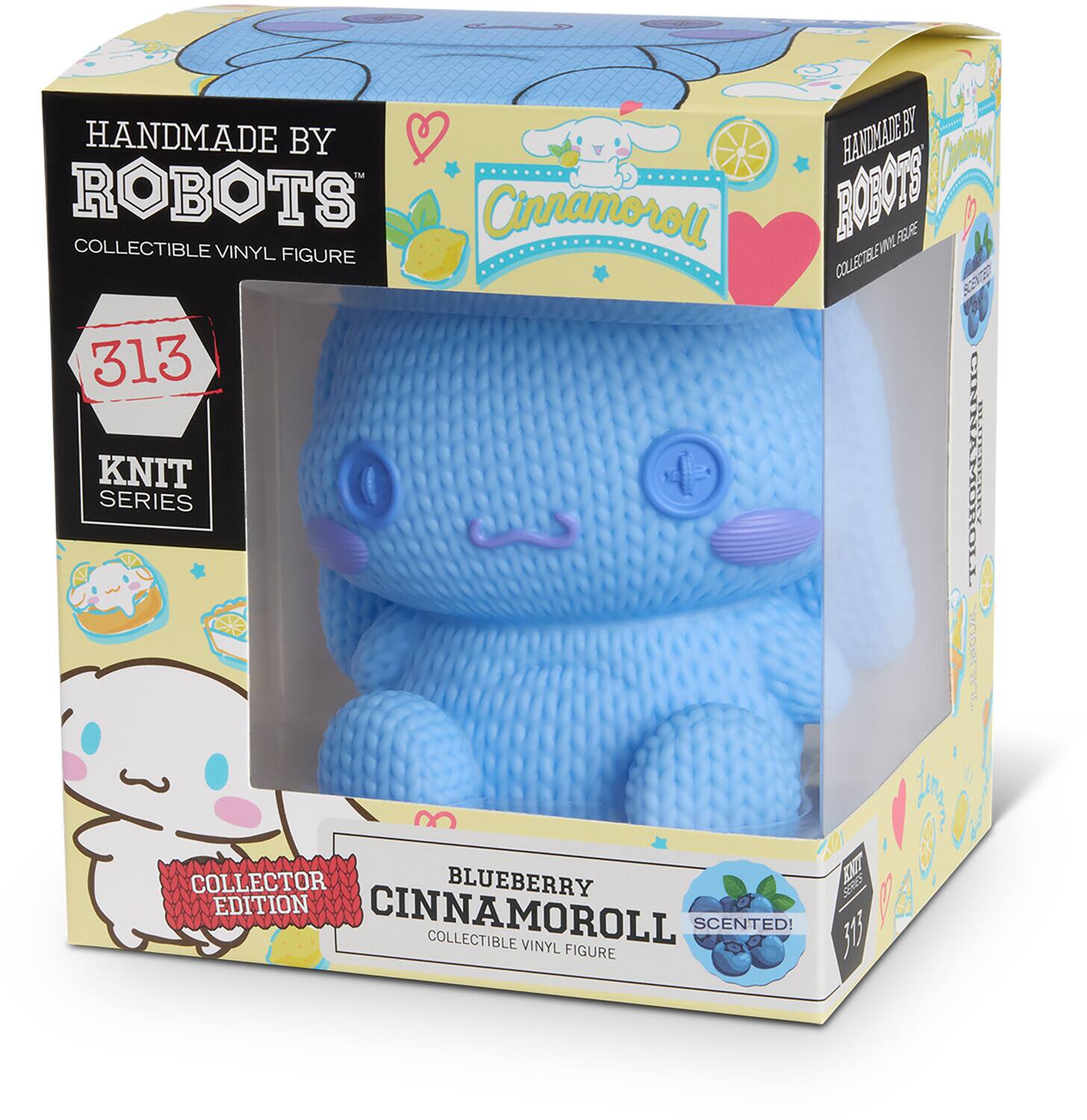 HANDMADE BY ROBOTS  
COLLECTIBLE VINYL FIGURE  

313  
KNIT SERIES  

Cinnamoroll  
COLLECTOR EDITION  

BLUEBERRY CINNAMOROLL  
SCENTED!  
COLLECTIBLE VINYL FIGURE