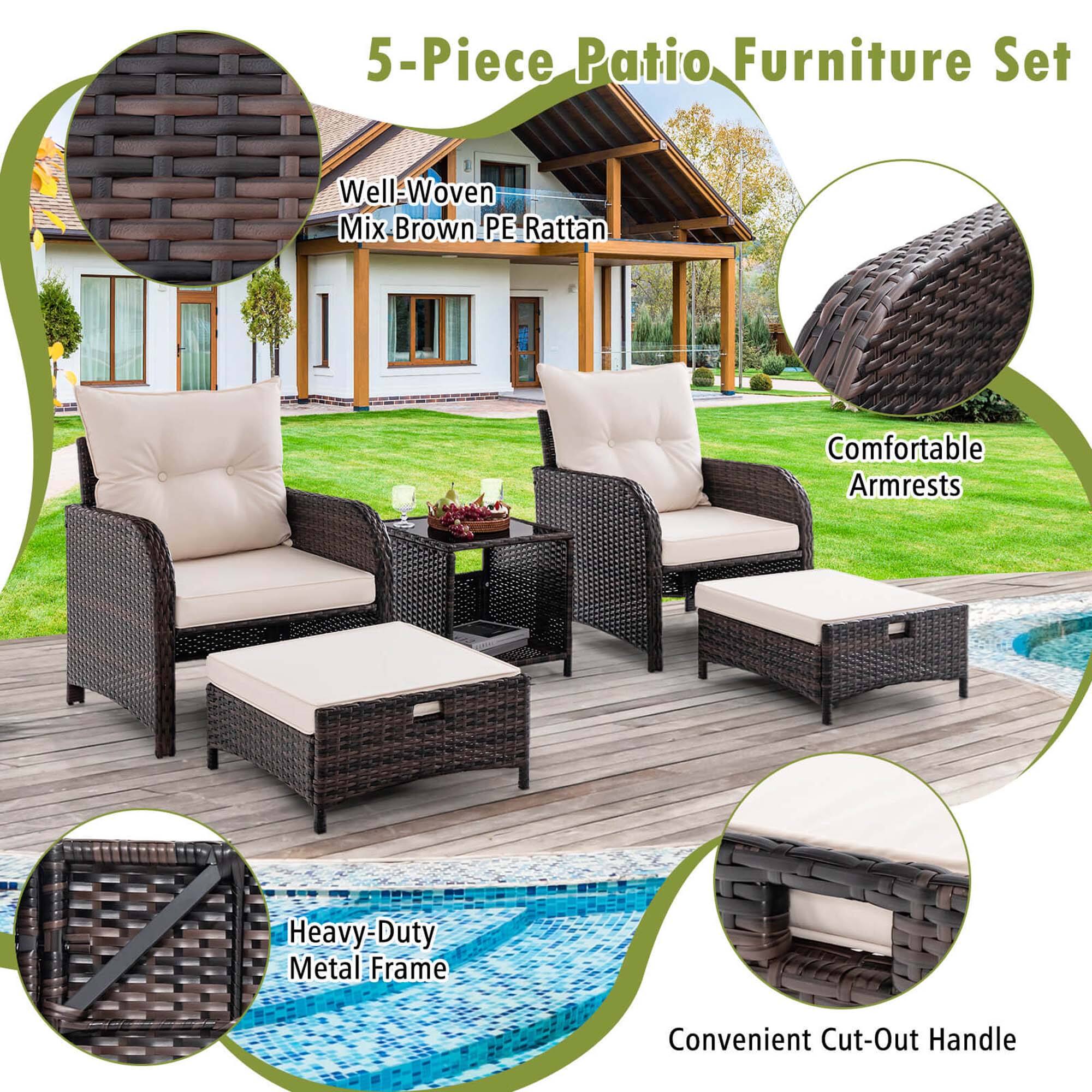 5-Piece Patio Furniture Set: Well-Woven Mix Brown PE Rattan, Comfortable Armrests, Heavy-Duty Metal Frame, Convenient Cut-Out Handle.
