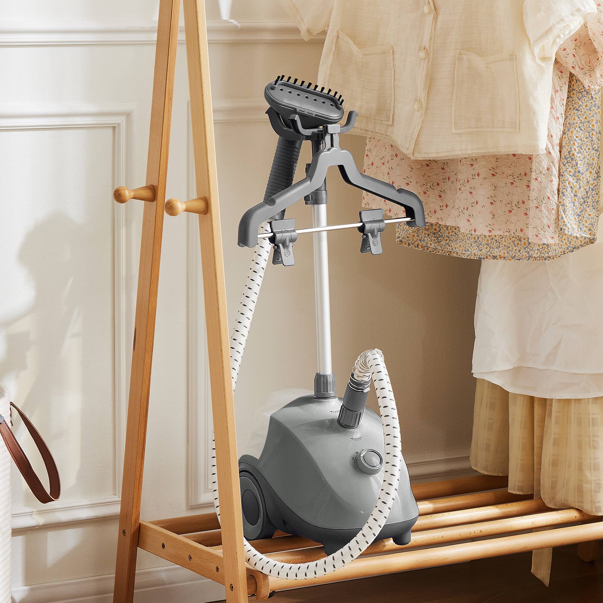 Left. Bestier - Standing Garment Steamer, 1500W Powerful Steamer for Clothes, Roll Wheels, 1.7L Water Tank, 55 Min Continuous Steaming - Gray.