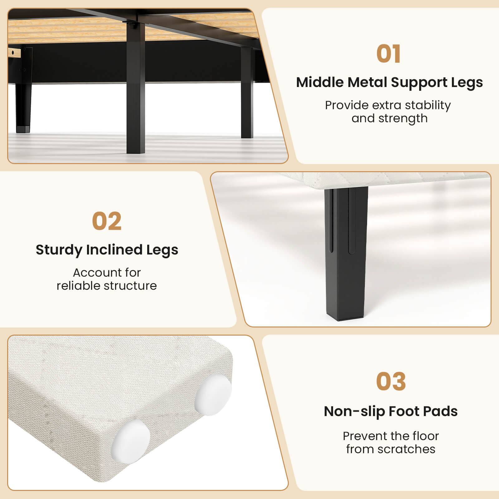 01 Middle Metal Support Legs  
Provide extra stability and strength  

02 Sturdy Inclined Legs  
Account for reliable structure  

03 Non-slip Foot Pads  
Prevent the floor from scratches
