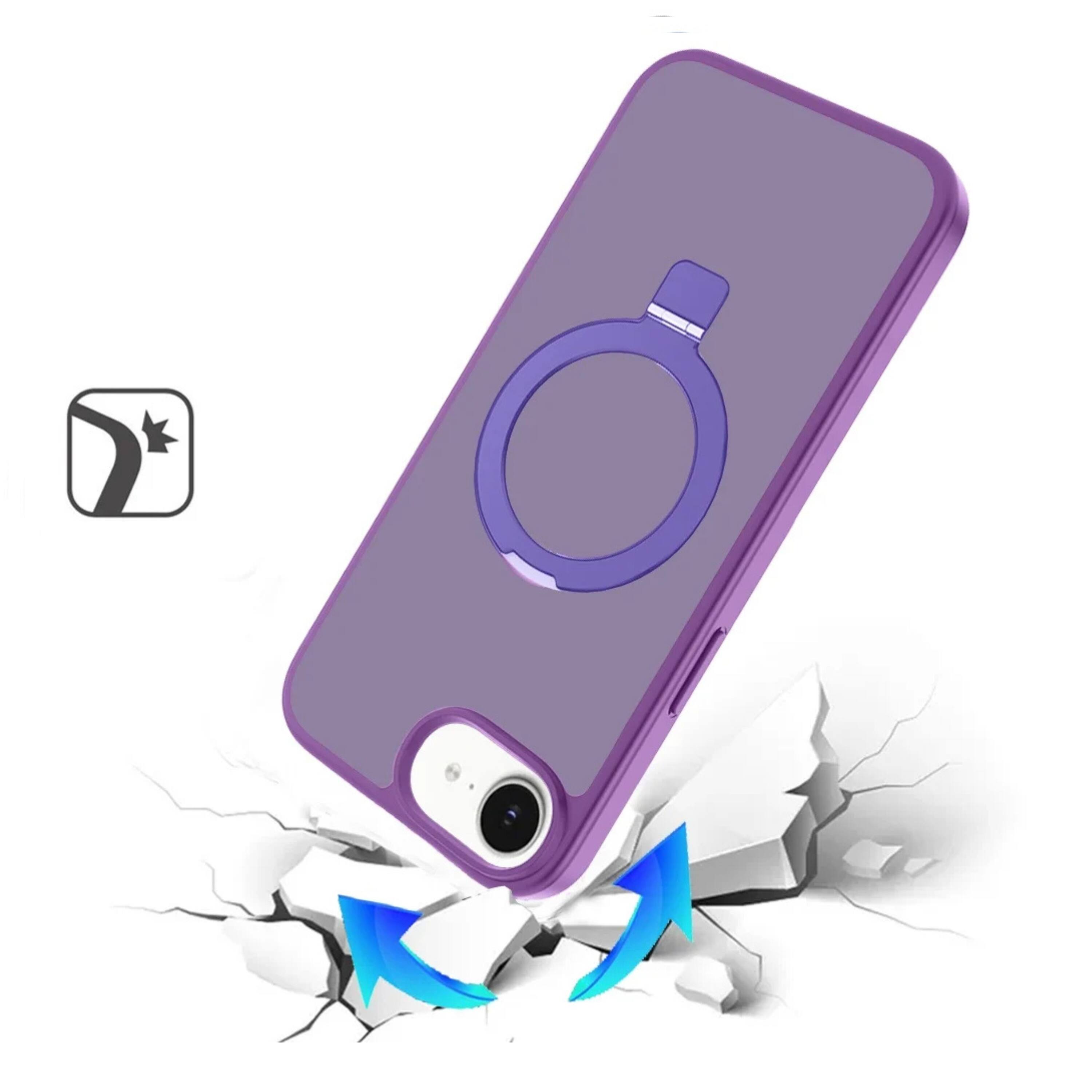 Angle. Kitcheniva - Metal Circle Ring Stand Rugged Phone Case With Tempered Glass For iPhone 16e 17e Purple - Purple.