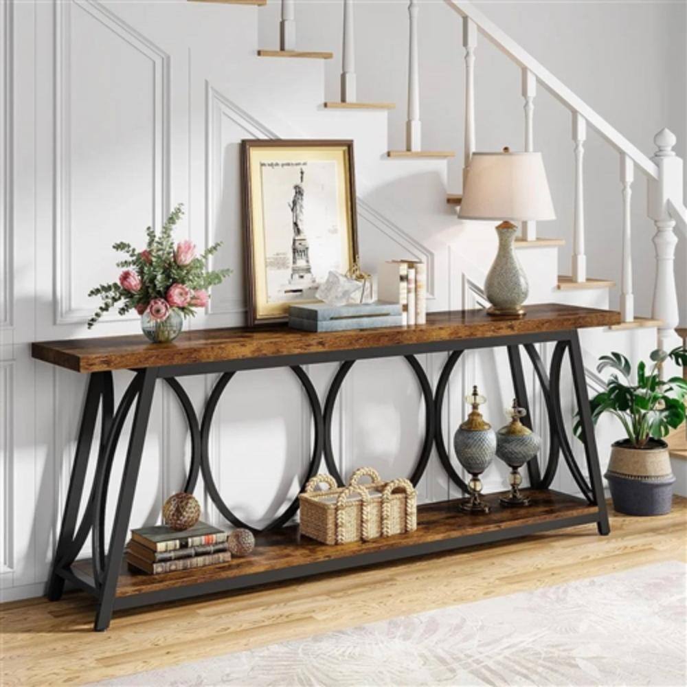 Left. Hivvago - Industrial 70-in. Brown Wood Top Console Table with Heavy Duty Black Metal Frame - Brown, Black.