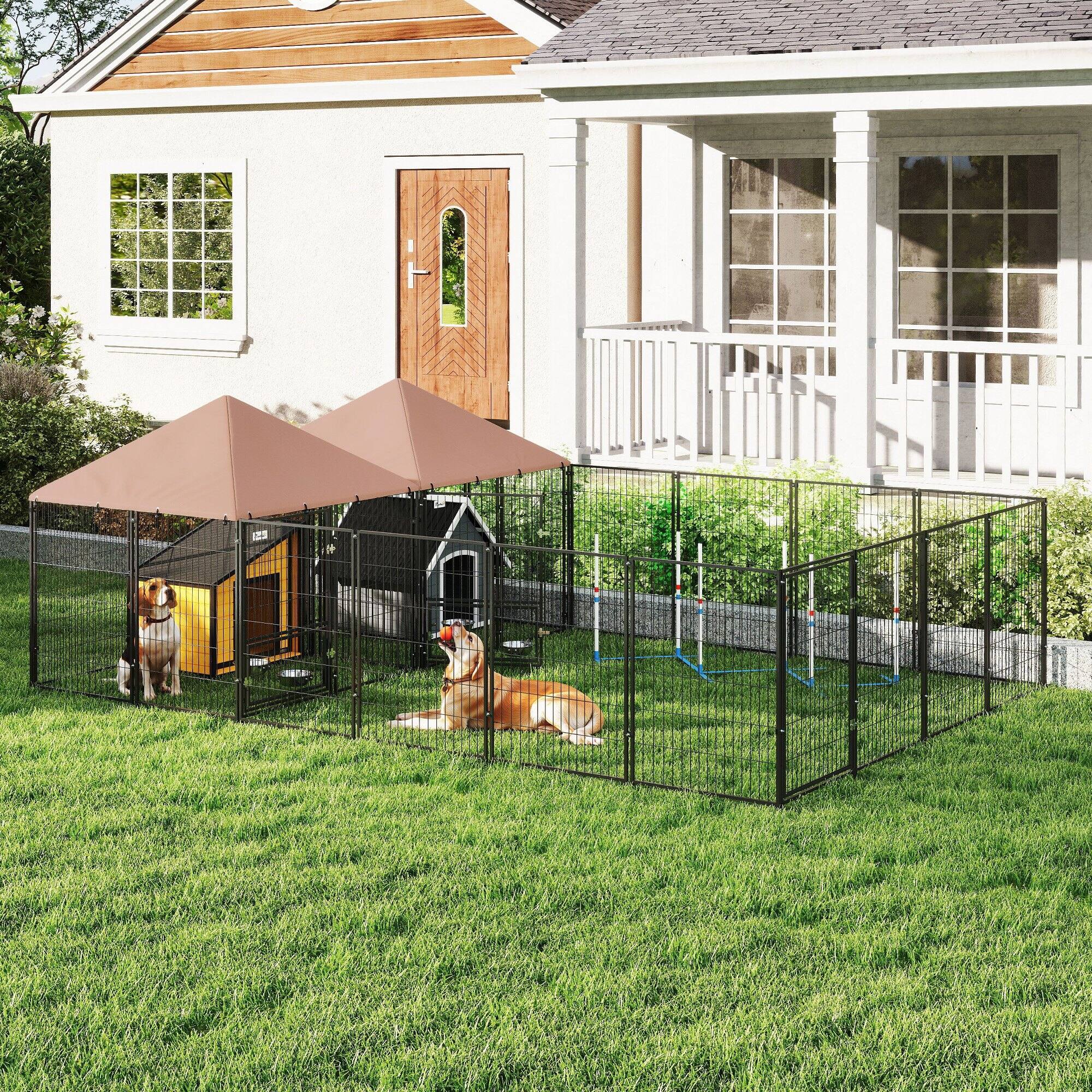 Alt View 1. Pawhut - Outdoor Dog Kennel with 2 Rooms, Rotating & Adjustable Height Bowls - Brown.