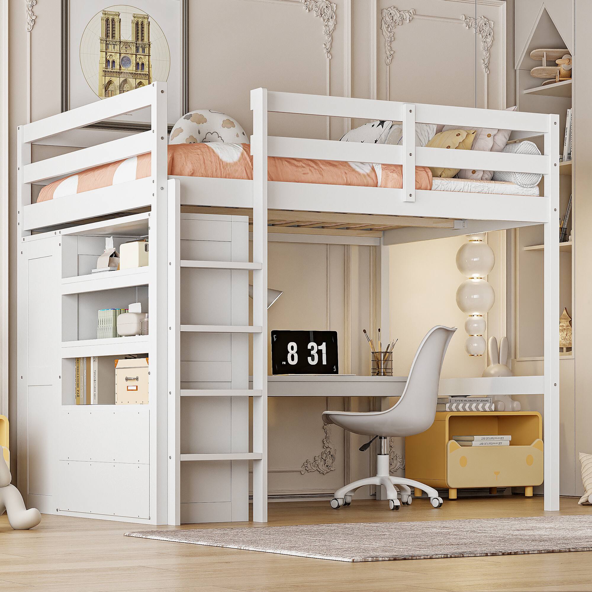 Left. Whisen - Full Size Wood Loft Bed with Built-in Wardrobe, Desk, Storage Shelves and Drawers - White.