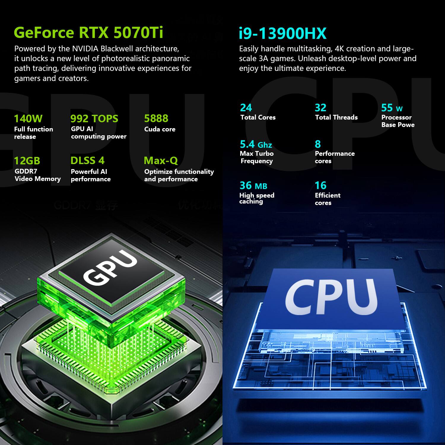 GeForce RTX 5070Ti  
Powered by the NVIDIA Blackwell architecture, it unlocks a new level of photorealistic panoramic path tracing, delivering innovative experiences for gamers and creators.  

140W  
Full function GPU AI release  

992 TOPS  
GPU AI computing power  

5888  
Cuda core  

12GB  
GDDR7 Video Memory  

DLSS 4  
Powerful AI performance  

Max-Q  
Optimize functionality and performance  

i9-13900HX  
Easily handle multitasking, 4K creation and large-scale 3A games. Unleash desktop-level power and enjoy the ultimate experience.  

24  
Total Cores  

32  
Total Threads  

55 W  
Processor Base Power  

5.4 GHz  
Max Turbo Frequency  

8  
Performance cores  

36 MB  
High speed caching  

16  
Efficient cores