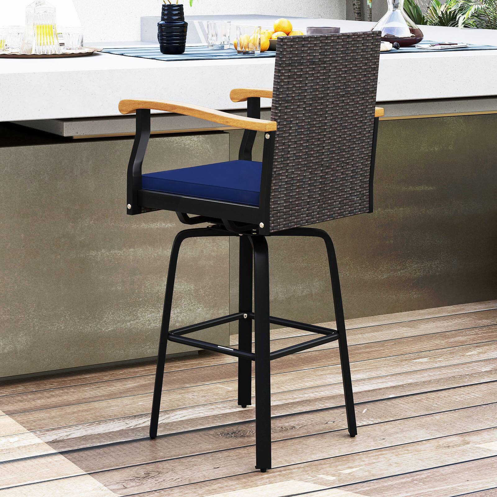 Alt View 3. Gymax - Gymax 2PCS 29'' Outdoor 360-Degree Swivel Bar Stool w/Cushion Acacia Wood Armrests Footrest Mix Brown & Navy - Blue.