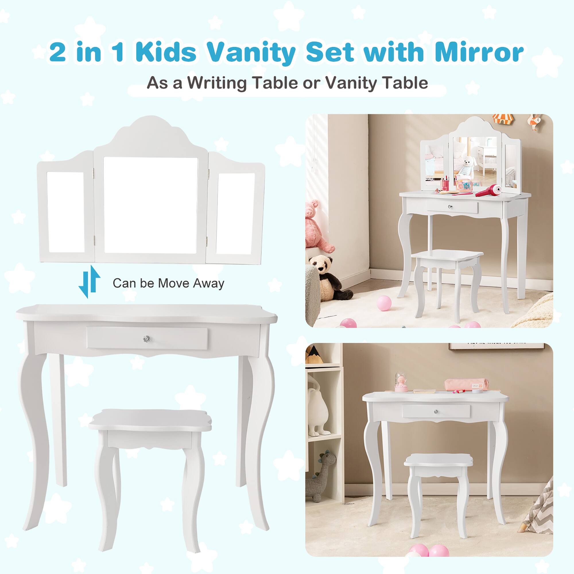 2 in 1 Kids Vanity Set with Mirror
As a Writing Table or Vanity Table
Can be Move Away