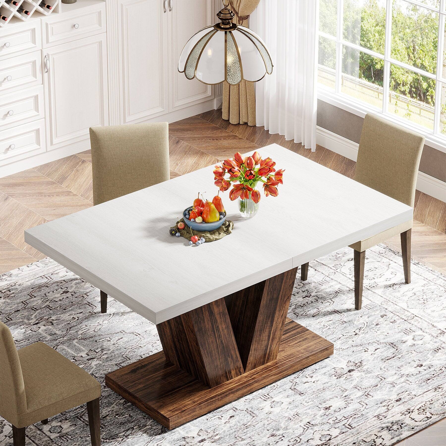 Alt View 1. Tribesigns - Farmhouse Dining Table with Space-Saving Design and Pedestal Base for Dining Room and Kitchen - White.