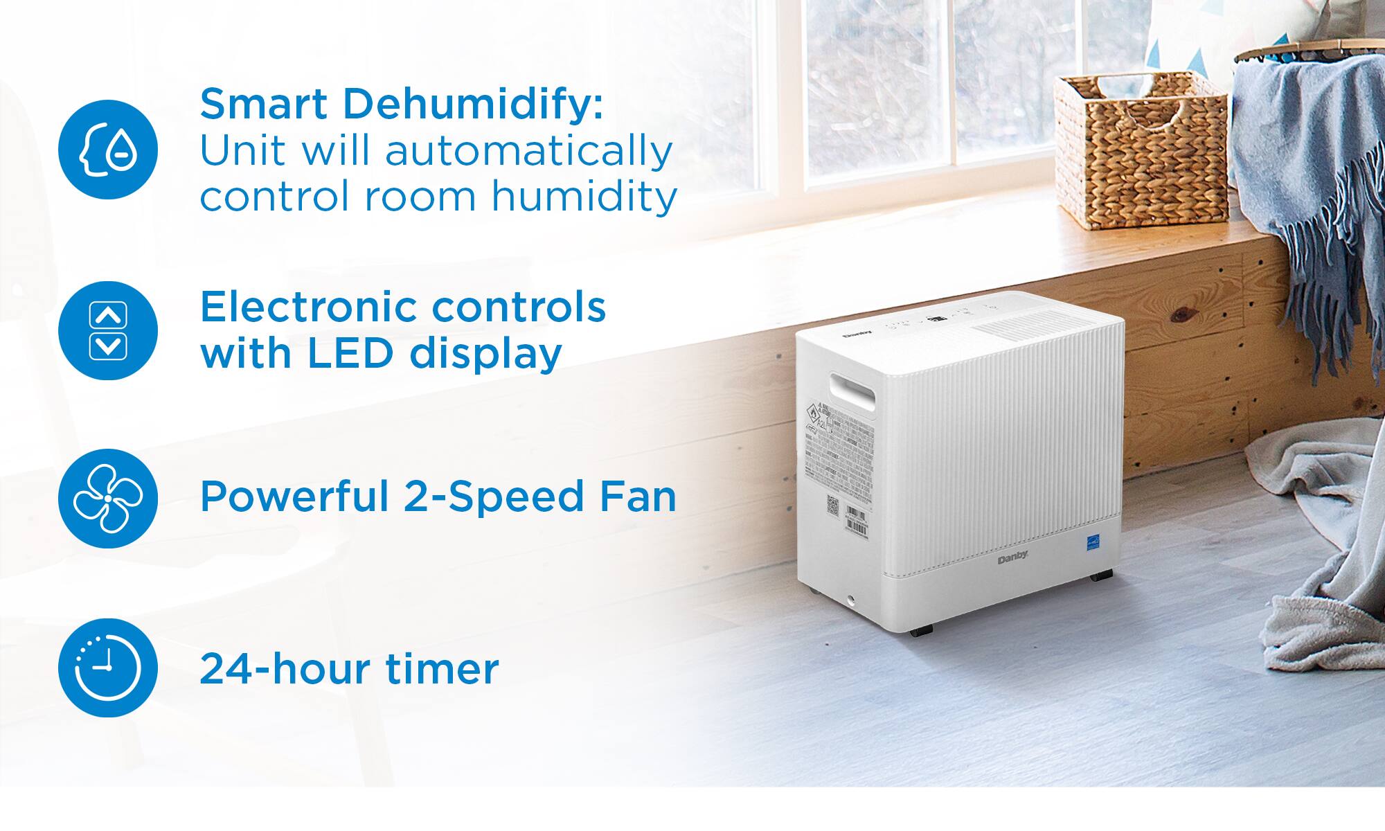 The text on the image is already grouped and correctly written. It describes the features of a smart dehumidifier, which includes automatic control of room humidity, electronic controls with an LED display, a powerful 2-speed fan, and a 24-hour timer.
