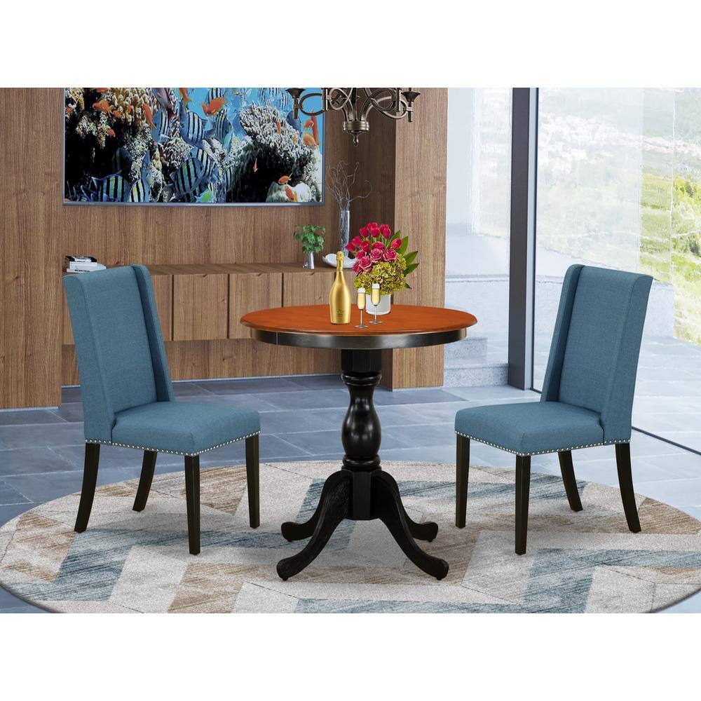 Angle. East West Furniture - East West Furniture 3-Piece Dining Table Set Consist of Dining Room Table and 2 Blue Linen Fabric Padded Chairs with - Multi-Color.