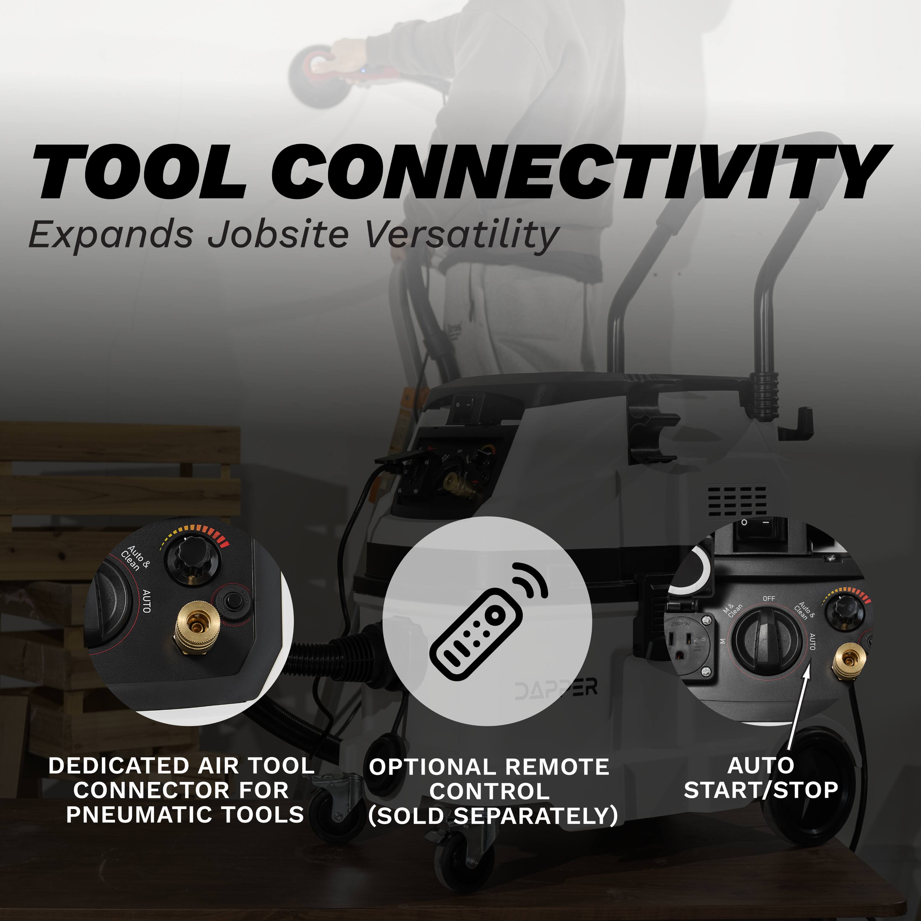 TOOL CONNECTIVITY  
Expands Jobsite Versatility  

- AUTO  
- DEDICATED AIR TOOL CONNECTOR FOR PNEUMATIC TOOLS (SOLD SEPARATELY)  
- OPTIONAL REMOTE CONTROL  
- AUTO START/STOP