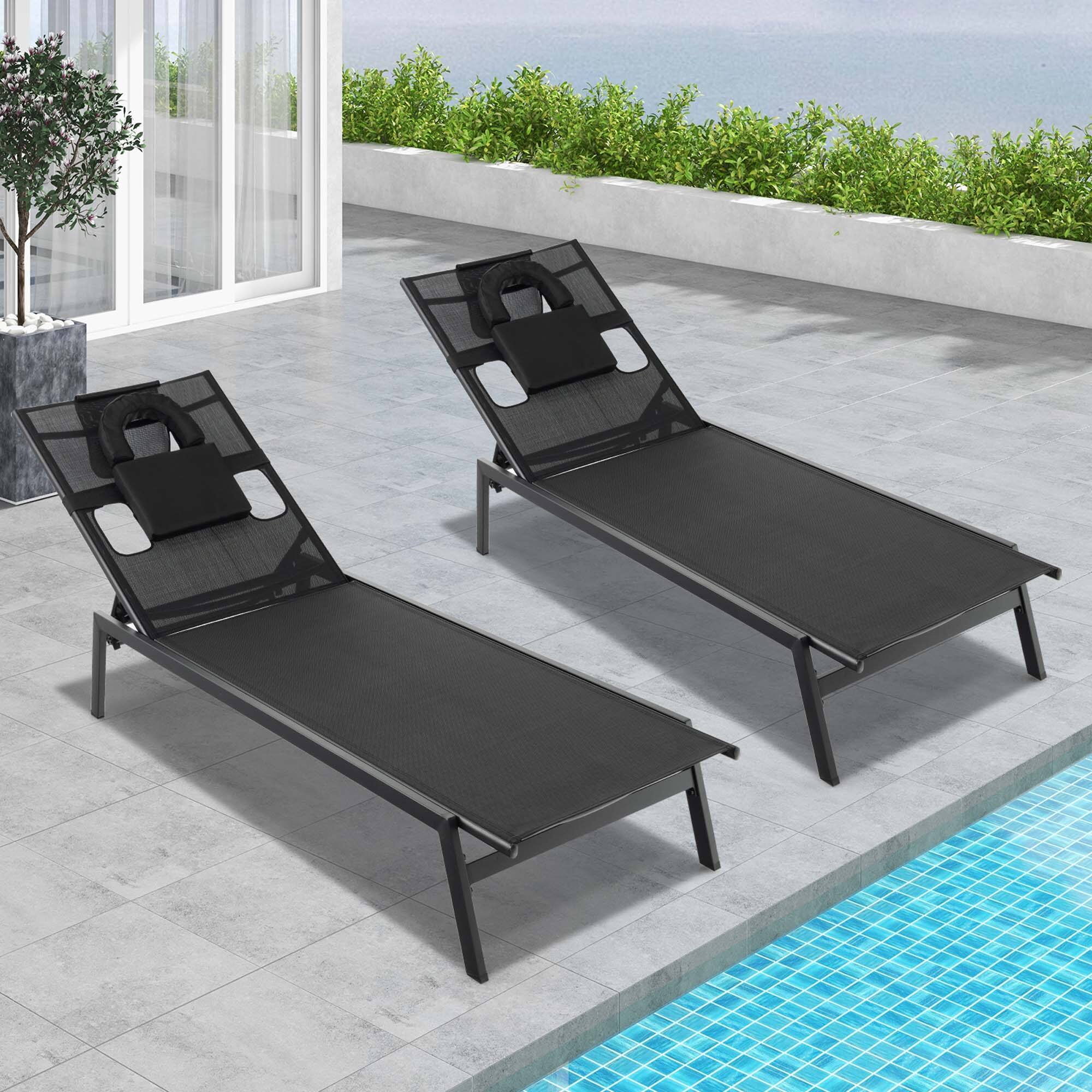 Alt View 1. Costway - Costway 2 PCS Patio Tanning Lounge Chair 5-Position Outdoor Recliner with Face Hole - Black.