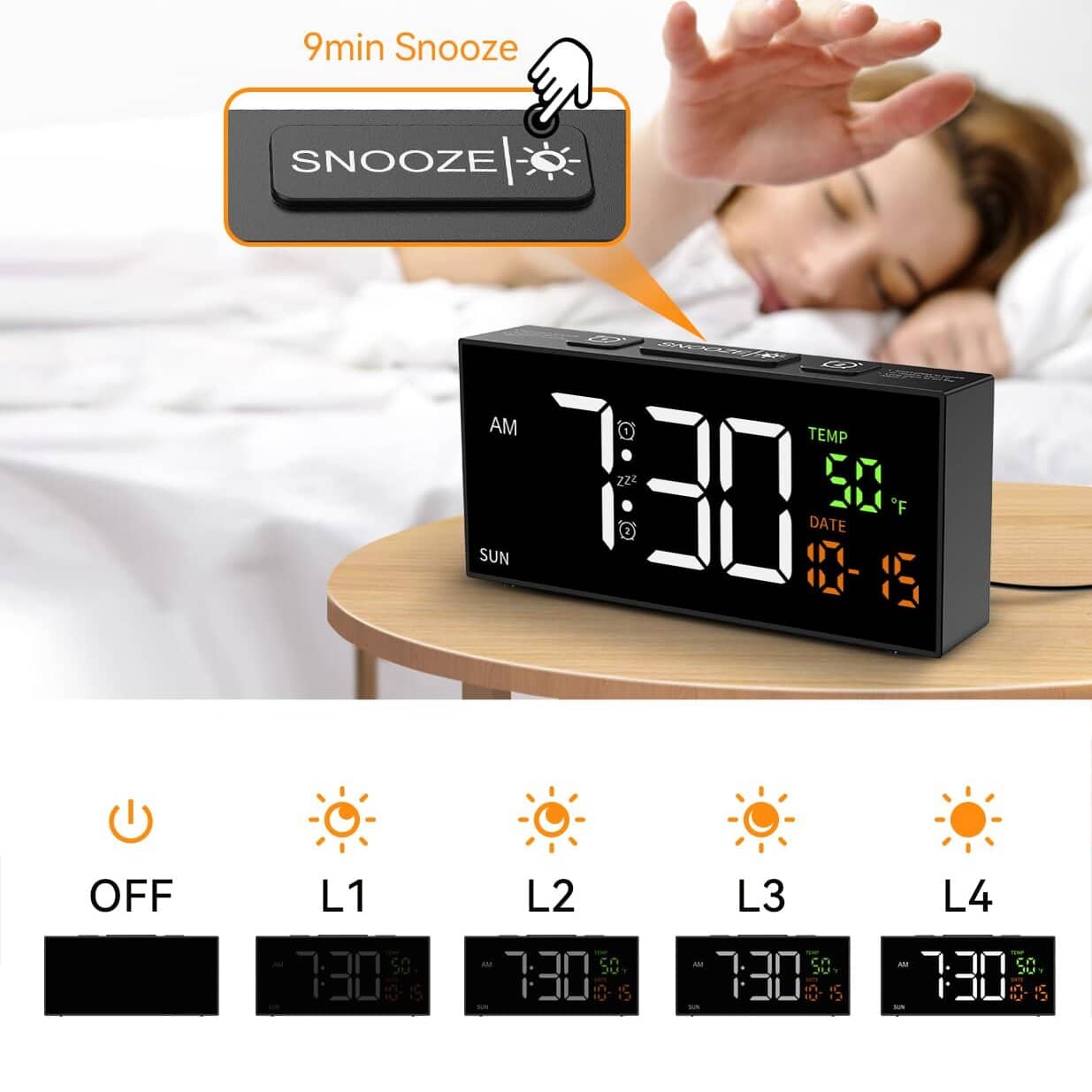 9min Snooze
SNOOZE
7:30 AM
TEMP 50°F
DATE SUN 15
OFF L1 L2 L3 L4
7:30 50°F
7:30 50°F
7:30 50°F
7:30 50°F
