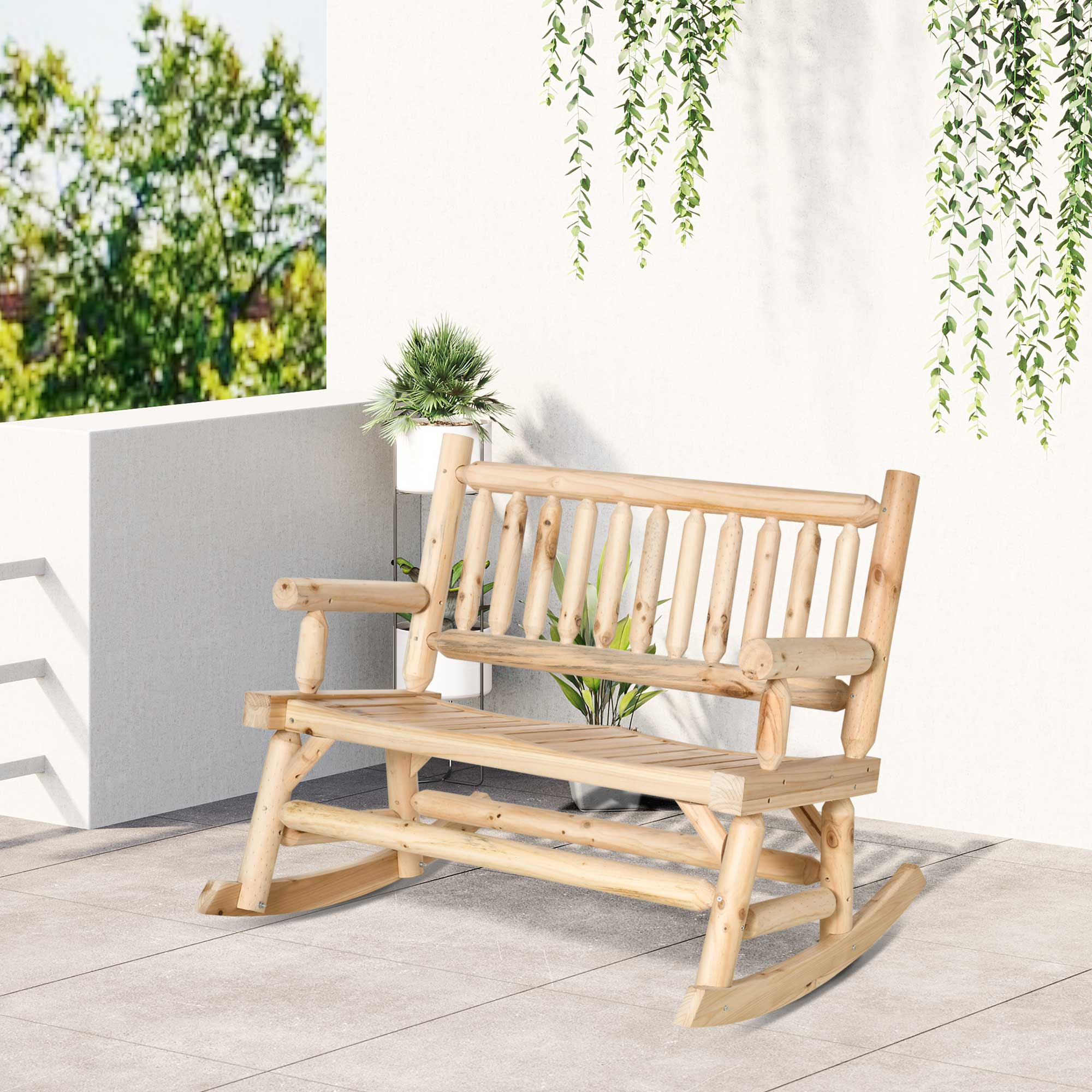 Alt View 1. Outsunny - 2-Person Wood Rocking Chair with Log Design, Heavy Duty Loveseat with Wide Curved Seats for Patio, Backyard - Natural Wood.