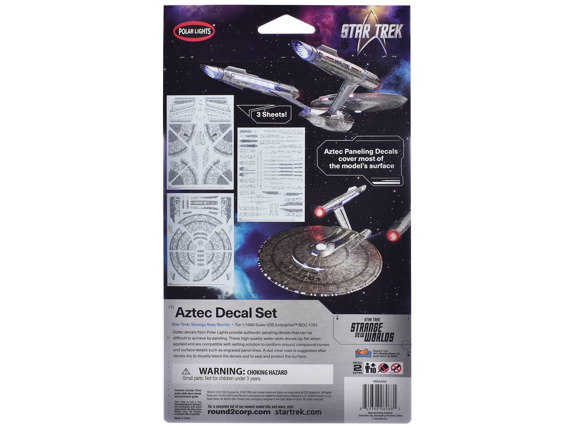 POLAR LIGHTS  
STAR TREK  
3 Sheets!  

Aztec Paneling Decals cover most of the model's surface  

Aztec Decal Set  
Star Trek: Strange New Worlds  
For 1:1000 Scale USS Enterprise NCC-1701  

Aztec decals from Polar Lights provide authentic paneling details that can be difficult to achieve by painting. These high-quality water-slide decals lay flat when applied and are compatible with setting solution to conform around compound curves and surface details such as engraved panel lines. A dull clear coat is suggested after decals dry to visually blend the decals and to seal and protect the surface.  

WARNING: CHOKING HAZARD - Small parts. Not for children under 3 years.  

For a complete list of our newest model kits and more, visit:  
round2corp.com  
startrek.com  

149398 Decals  

STAR TREK  
STRANGE NEW WORLDS  
Rand AM -1  

MLAENA  
Stkr  
A iNEN  
sha  
Samn  
erves  
C ae  
TR LO GVIE  
Sum N  
A Fe  
an  
Mus o  
ues  
to  
Fer  
complete D4T of sur Sewe