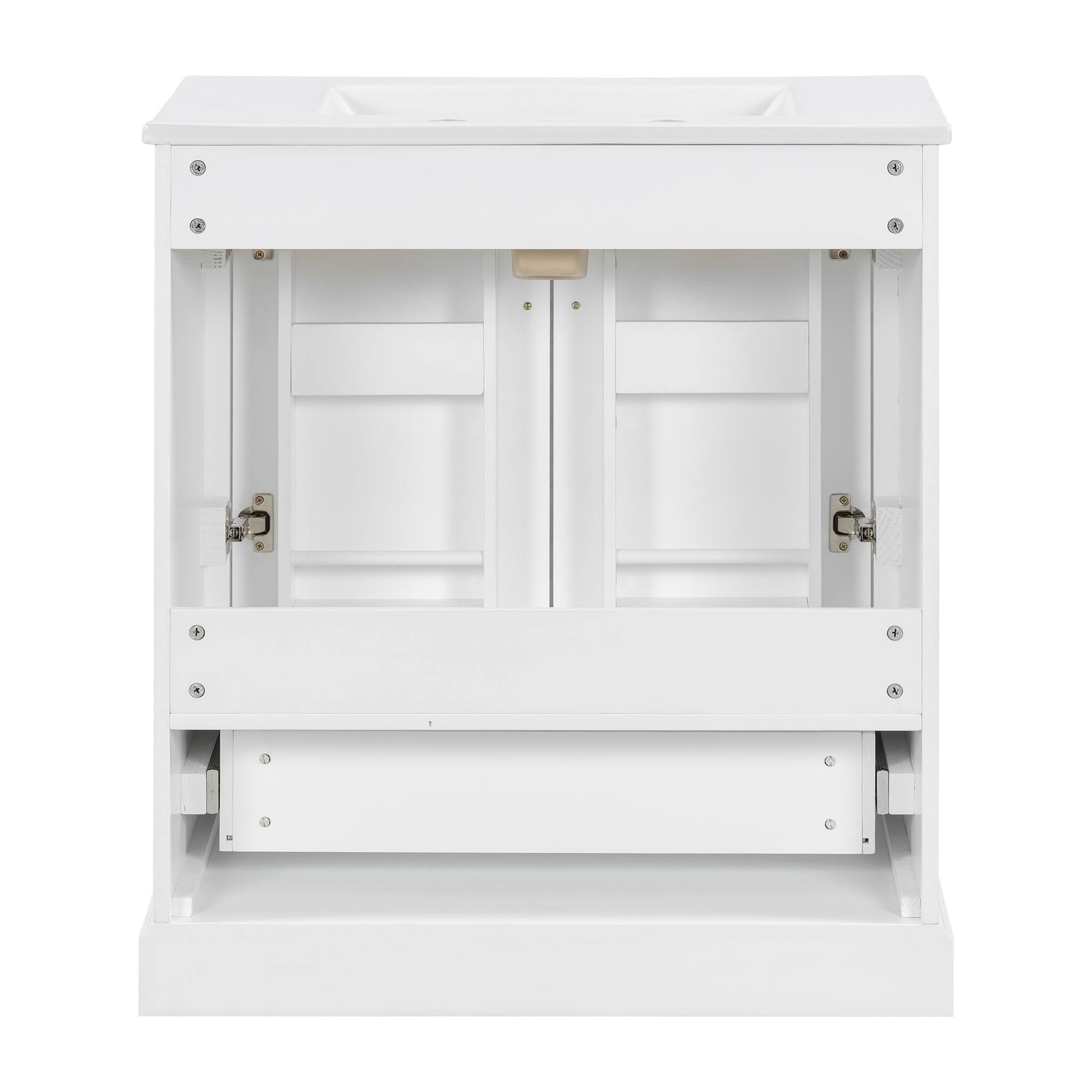 Back. Boyel Living - 30 Inch White Bathroom Vanity with Ceramic Sink, Divider Drawer, 2 Soft Close Doors and Double Door Shelves - White.