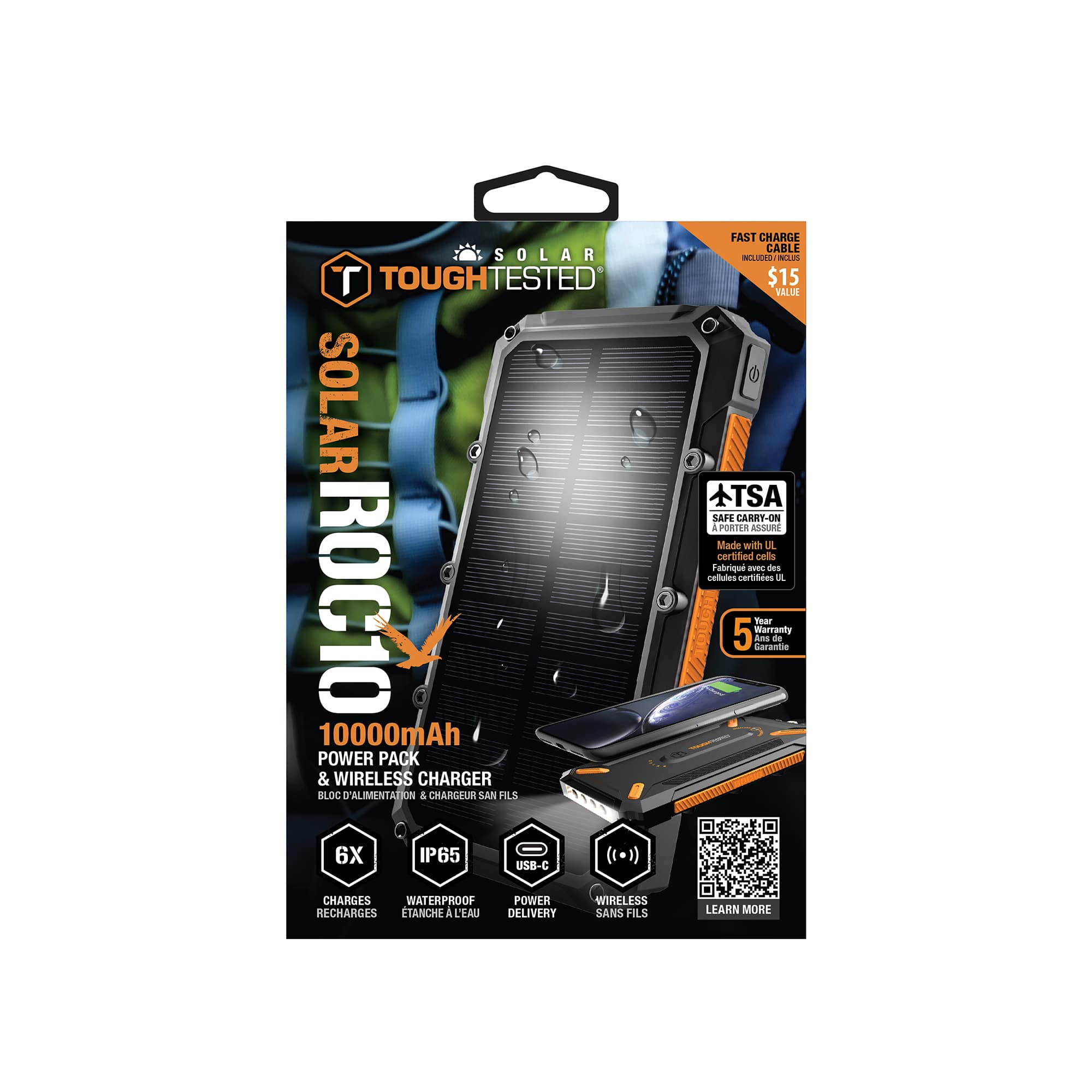 FAST CHARGE CARRY-ON & PORTER SOLAR MLUS NLAE T TOUGHTESTED $15 VALUE SOLAR + TSA SAFE CARRY-ON & PORTER
Made with UL certified components
Fabrique - des cellules centrifuges
UL ROC10 5 Mampaty foaar Carantie An de 10000mAh POWER PACK & WIRELESS CHARGER
SLOC D'ALIMENTAZION & CHARGLUR LAN FILS ET 6X IP65 USB-C ()) CHARGES WATERPROOF POWER RECHARGES ETANCHE A L'EAU
DELIVERY WIRLLESS SANS FILS
LEARN MORE