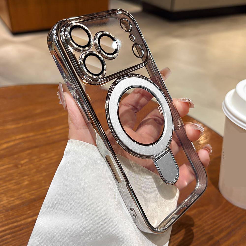 Angle. Dteck - Magnetic Ring Stand Case for iPhone 17 Pro Max, Compatible with MagSafe, Clear Back Phone Cover Full Camera Lens Cover - Silver.