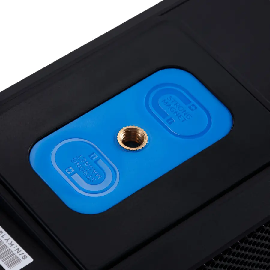 The text on the image reads "STRONG + - = + MAGNET S/N:KY13". This text suggests that the blue cover is designed to be strong and magnetically attractive, with the S/N (serial number) "KY13" indicating a specific model or batch.