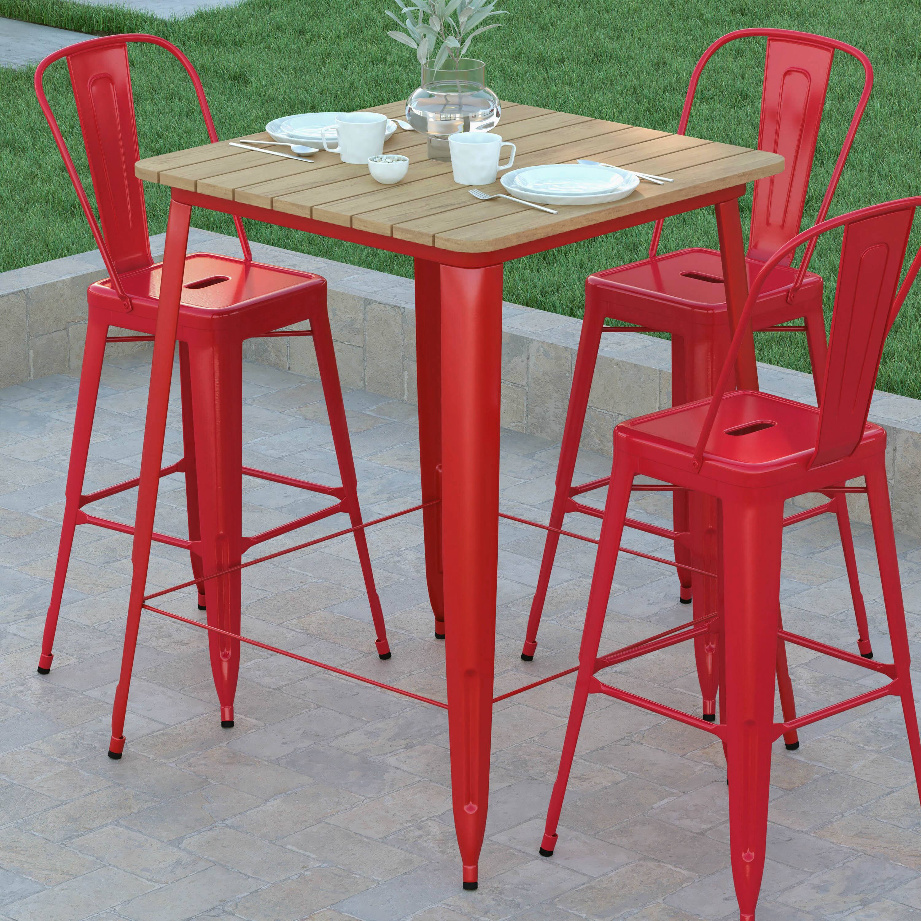 Alt View 3. Emma + Oliver - Drew Indoor/Outdoor Bar Top Table, 31.5" Square All Weather Poly Resin Top with Steel base - Brown Top/Red Frame.