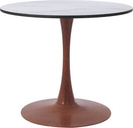 LeisureMod - Bristol 24 in. Round Dining Table – MDF Top with Cherry Coated Steel Pedestal Base, Modern Accent Table - Marbled White