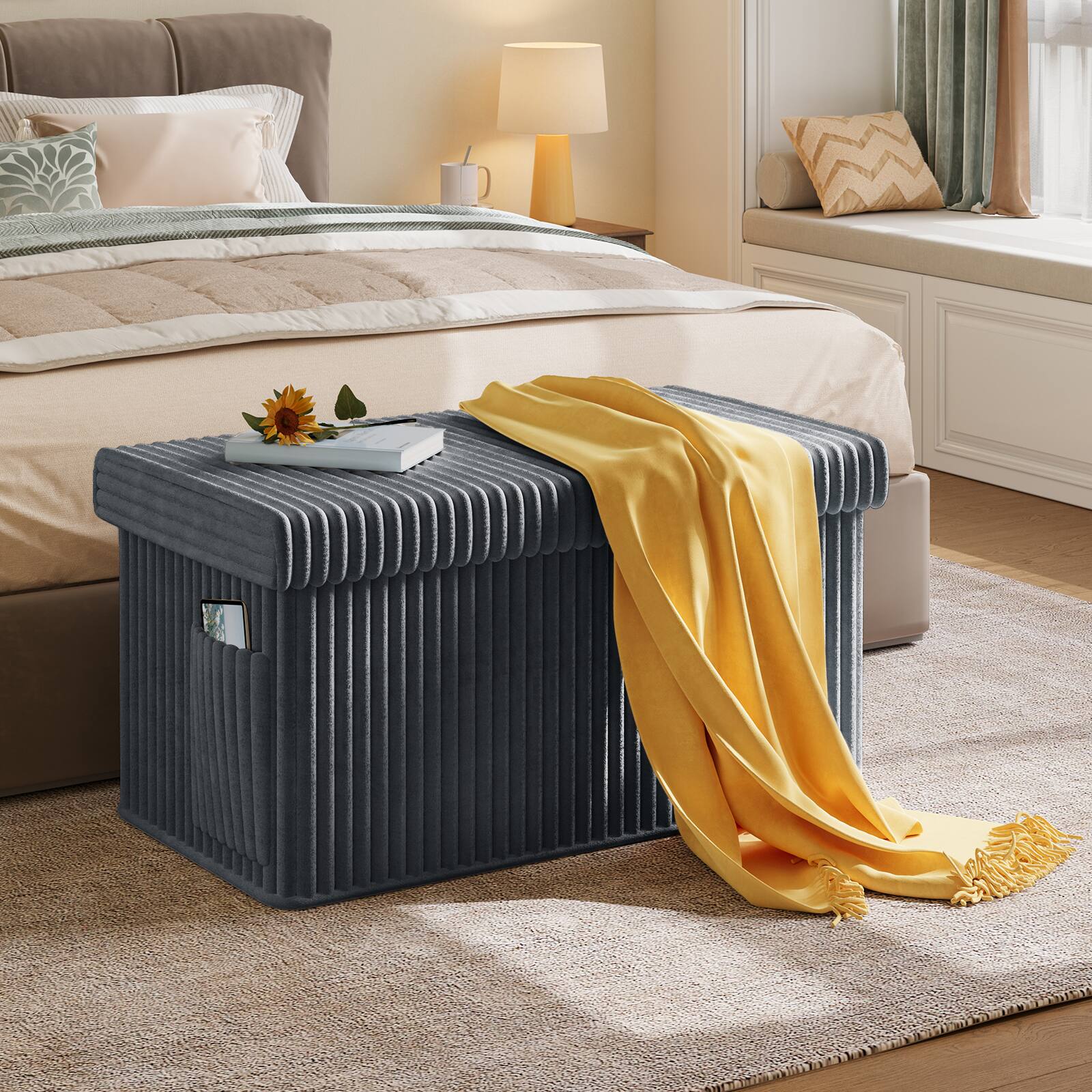 Angle. Pinmoco - Pinmoco- Corduroy Ottoman Plush Foldable Bench with Free Cozy Blanket - Dark Gray.