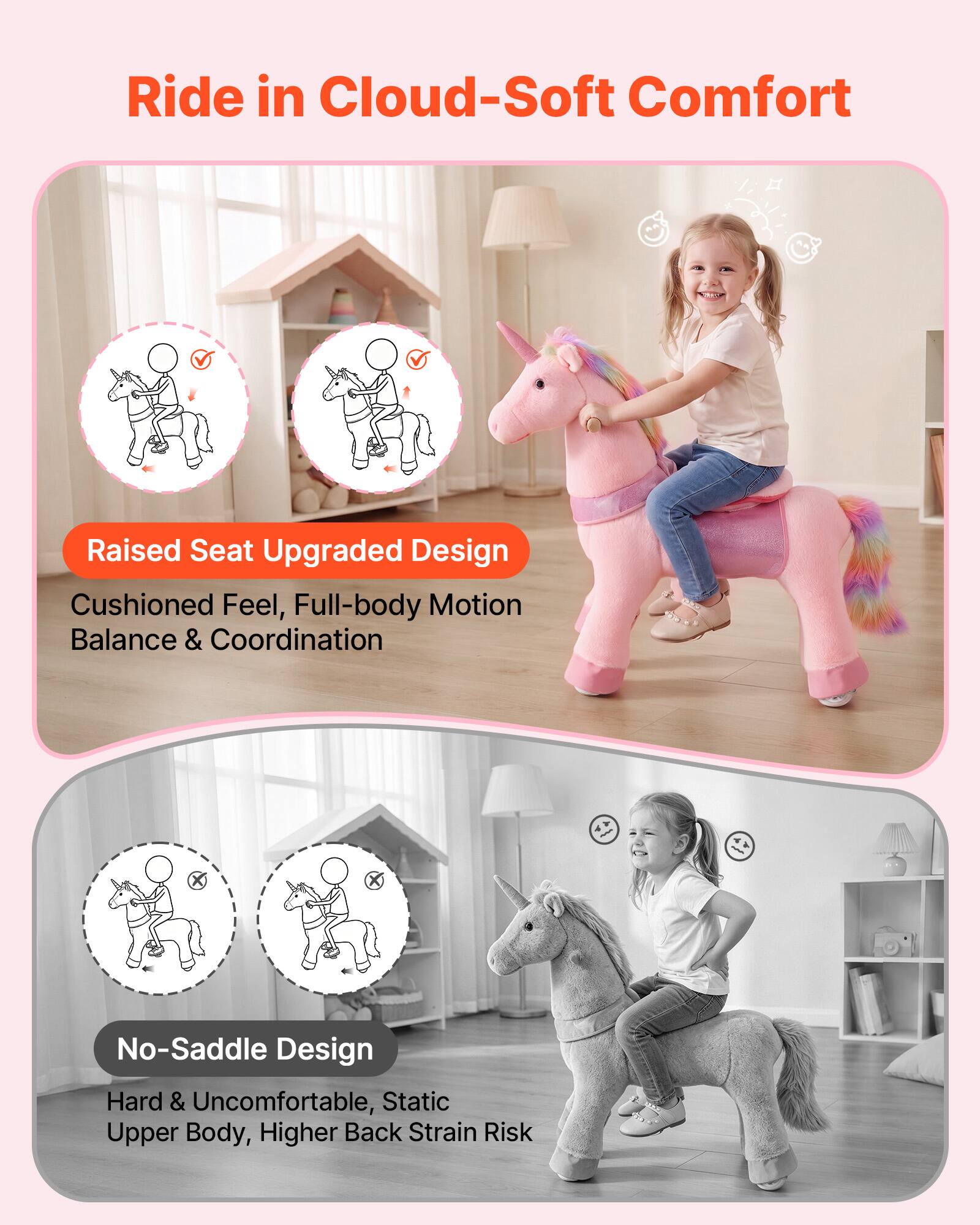 Ride in Cloud-Soft Comfort

Raised Seat Upgraded Design
Cushioned Feel, Full-body Motion Balance & Coordination

No-Saddle Design
Hard & Uncomfortable, Static Upper Body, Higher Back Strain Risk