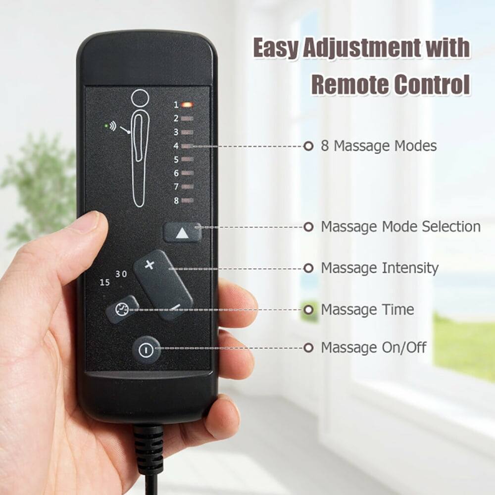 Easy Adjustment with Remote Control

- 8 Massage Modes
- Massage Mode Selection
- Massage Intensity
- Massage Time
- Massage On/Off