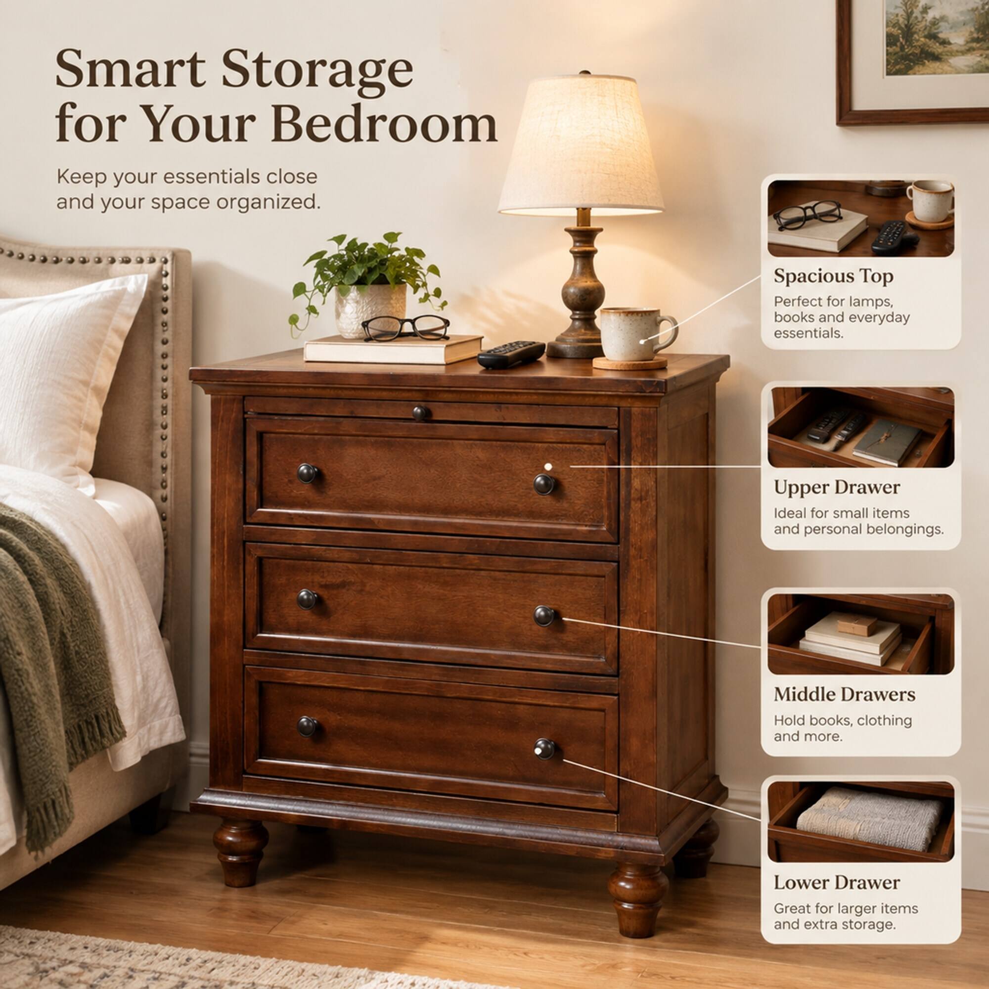 RYHNUYNE 27.6 in Nightstand, Pine Wood Veneer, 3 Drawers, Pull Out Tray ...