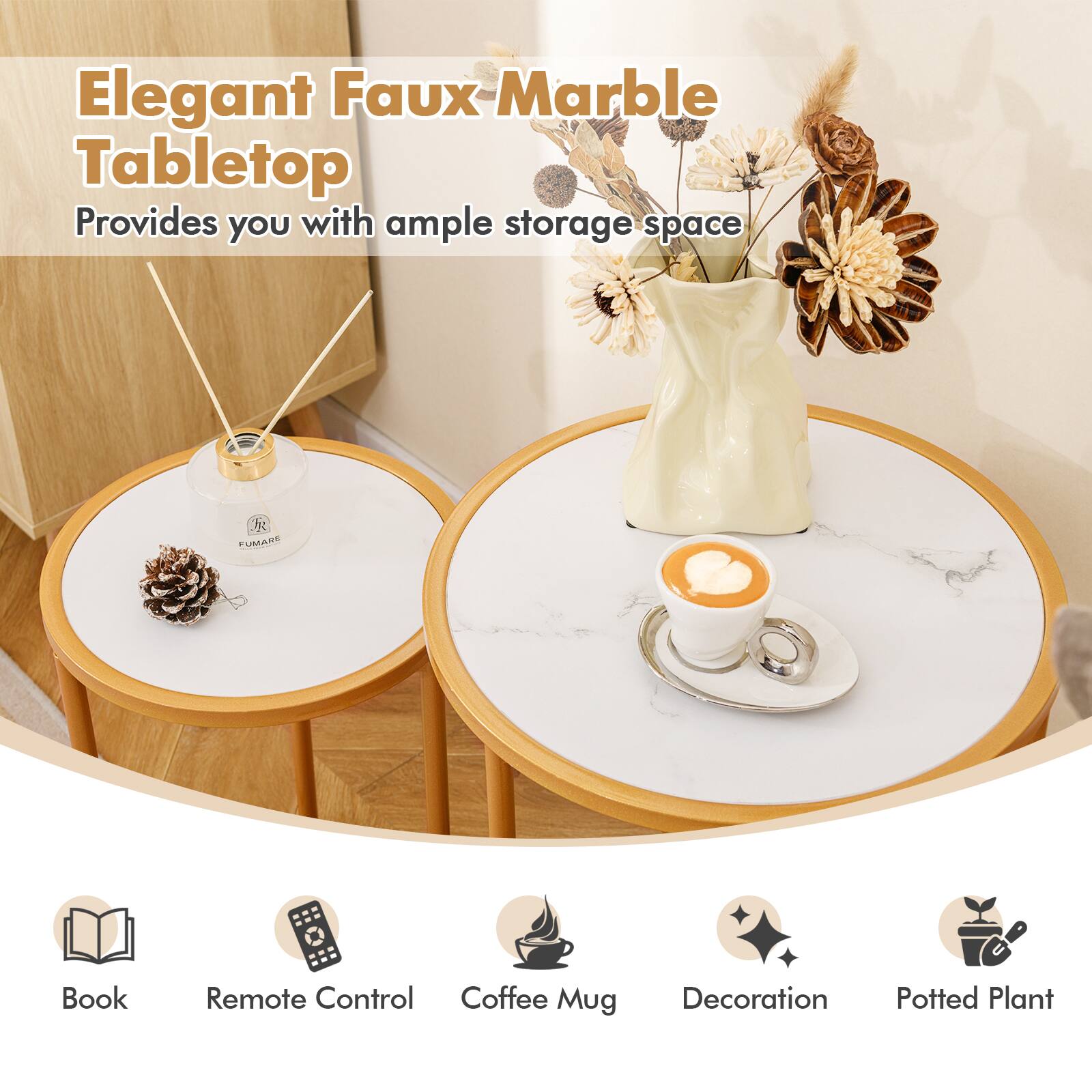 Elegant Faux Marble Tabletop  
Provides you with ample storage space  

- Book  
- Remote Control  
- Coffee Mug  
- Decoration  
- Potted Plant