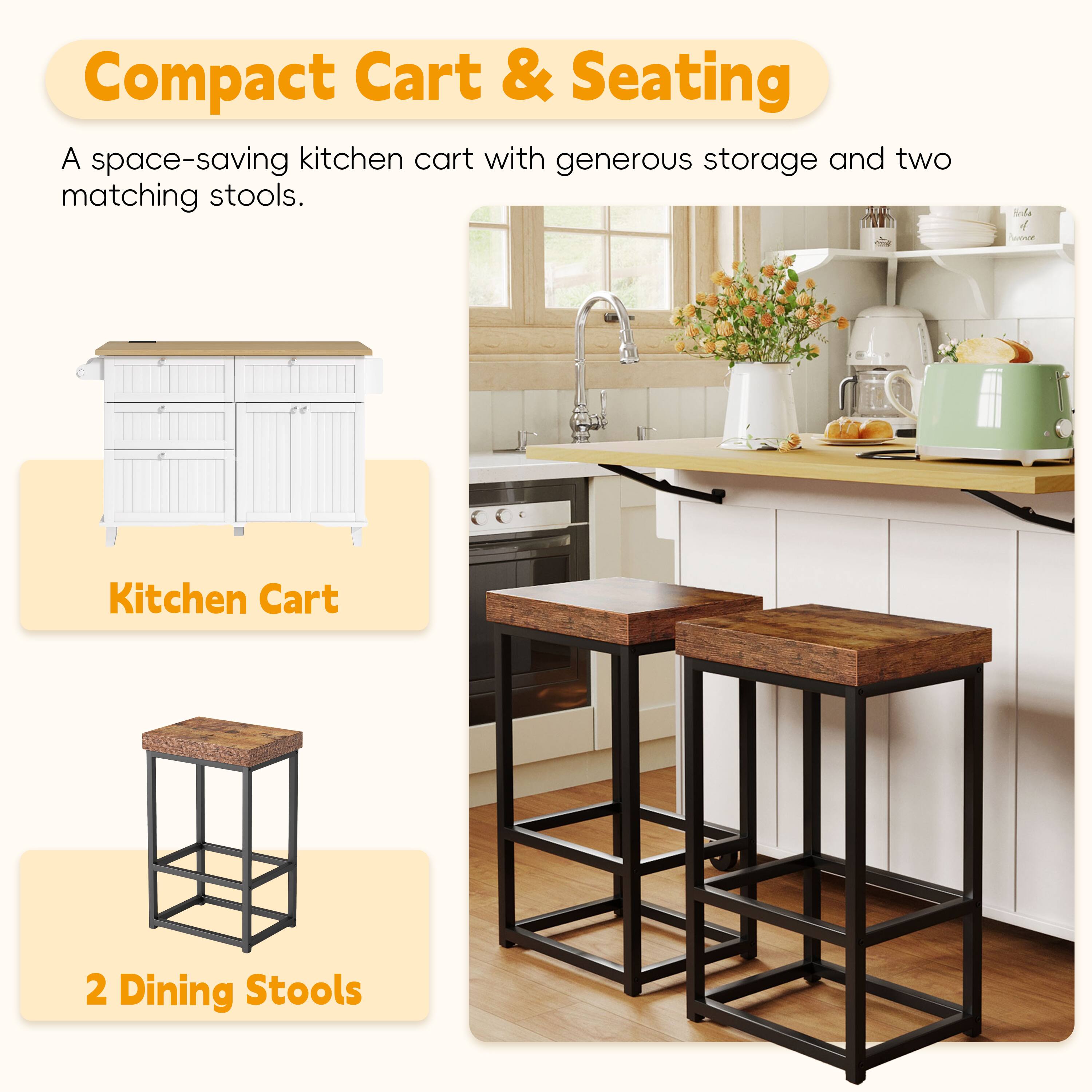 Compact Cart & Seating

A space-saving kitchen cart with generous storage and two matching stools.

Kitchen Cart

2 Dining Stools