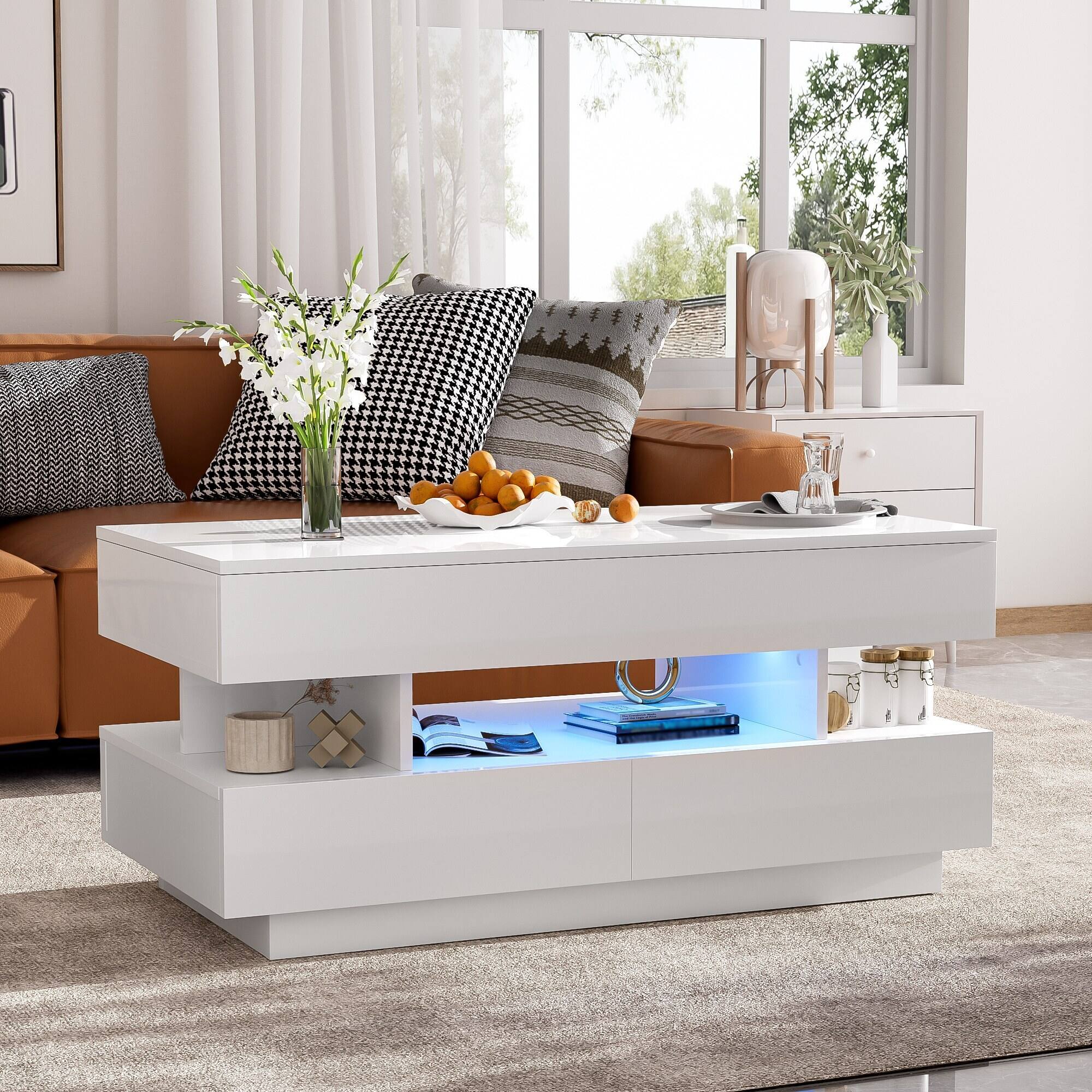 Left. Bestier - Lift Top Coffee Table with Storage, Modern LED Lighted Coffee Table with 2 Drawers and Open Shelf for Living Room - White.