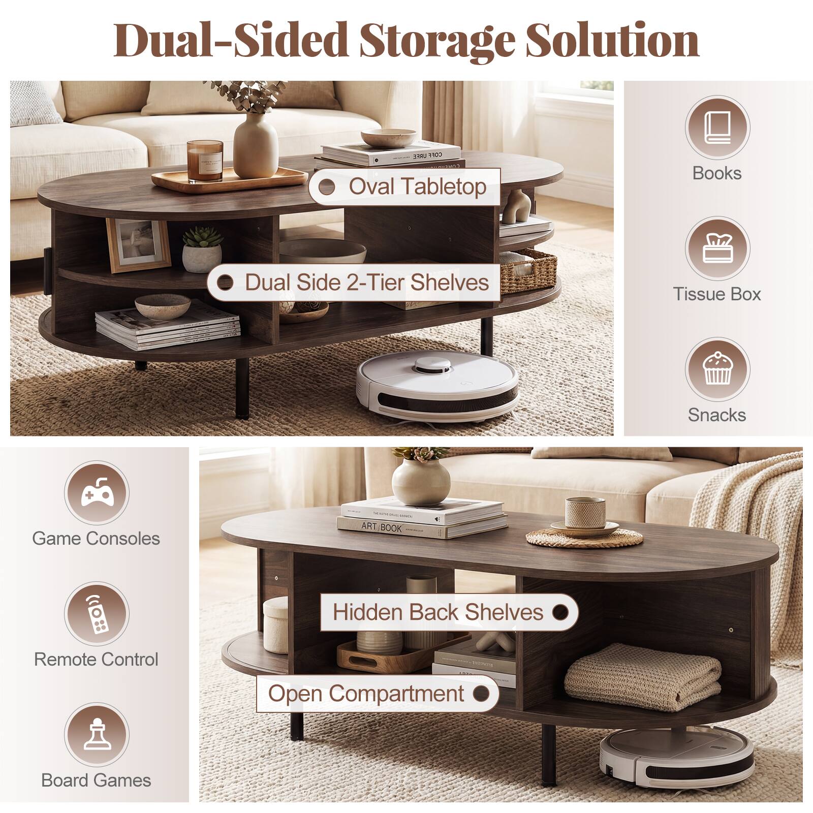 Dual-Sided Storage Solution

- Oval Tabletop
- Dual Side 2-Tier Shelves
- Hidden Back Shelves
- Open Compartment

Books
Tissue Box
Snacks
Game Consoles
Remote Control
Board Games