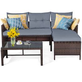 Costway - 3PCS Patio Wicker Rattan Sofa Set Outdoor Sectional Conversation Set Lawn Garden - Gray