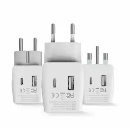 Ceptics - Complete Europe Travel Adapter Set, 3 Pack Type C E/F & G, Dual USB + USA Input, Compact & Safe for Travel - White