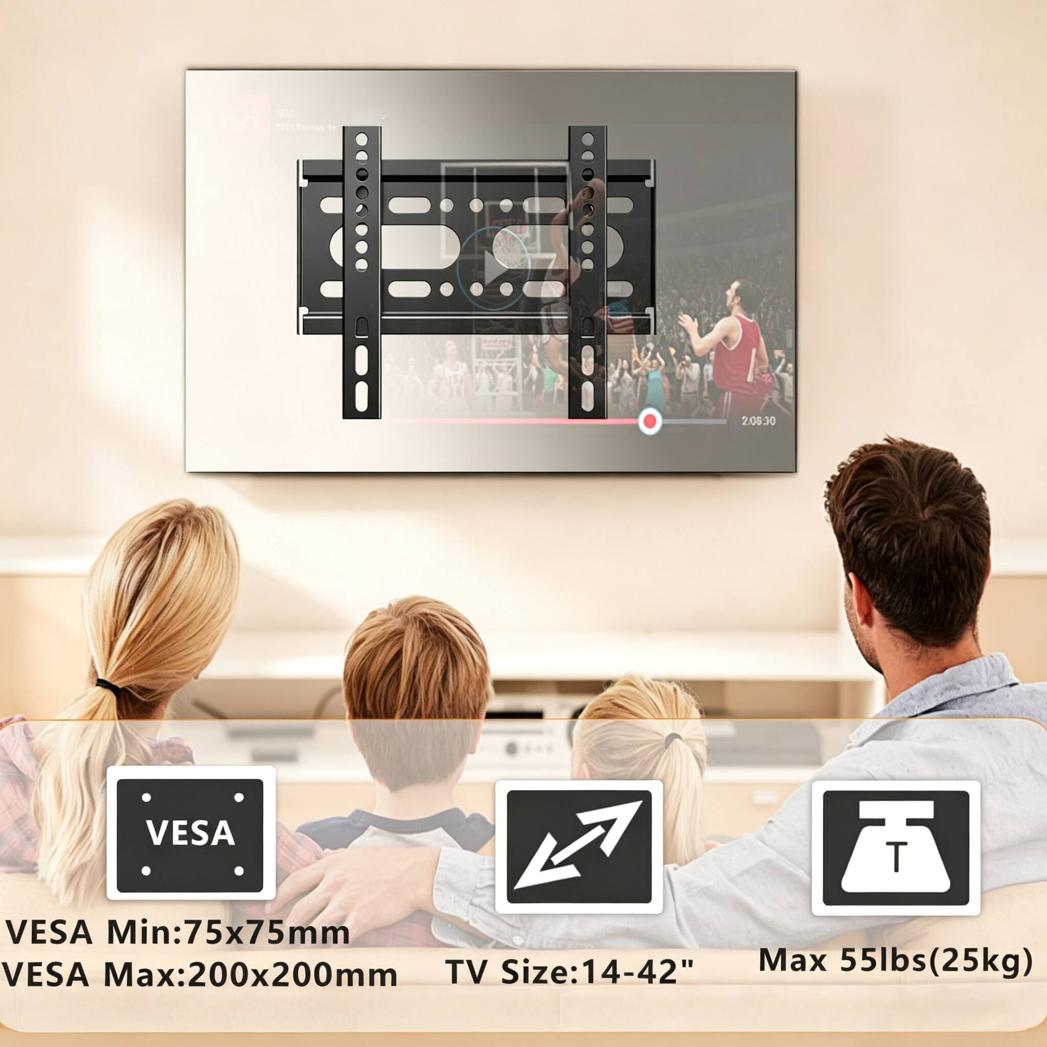 2:06:30

VESA
Min:75x75mm
Size:14-42"
Max 55lbs(25kg)
VESA Max:200x200mm TV