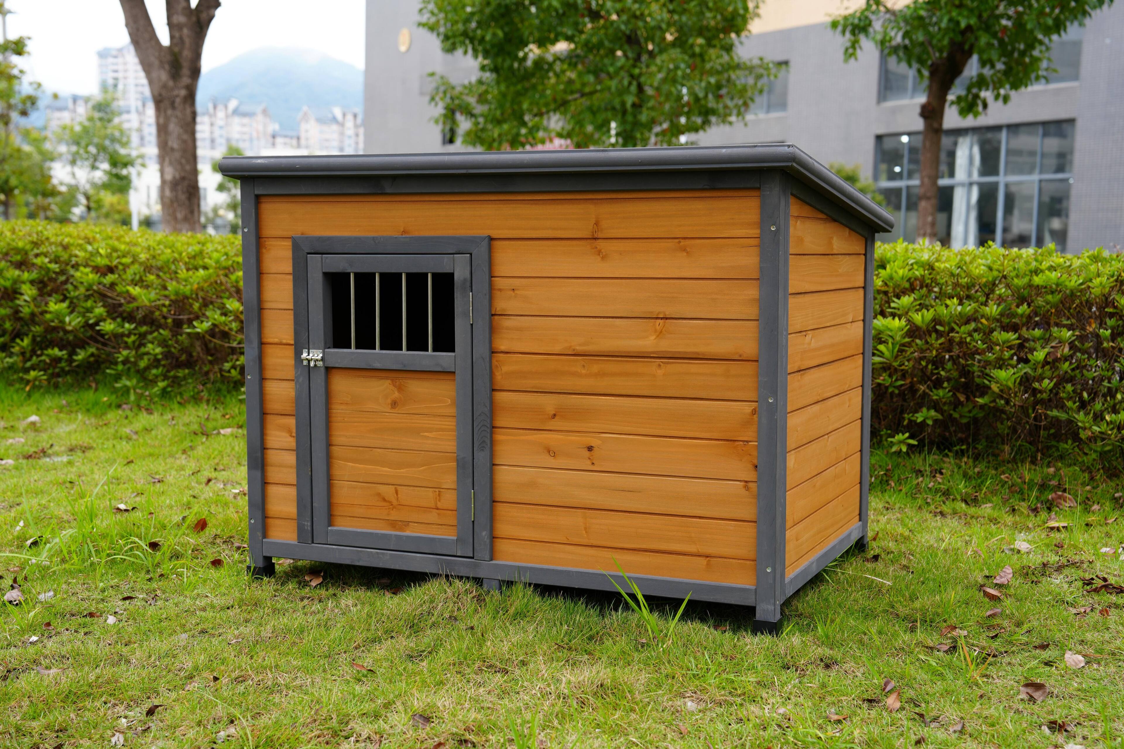 Alt View 5. Siljoy - 45" Solid Wood Dog House, Large PVC Waterproof Roof & Lockable Door, Elevated Floor for Big Dogs.
