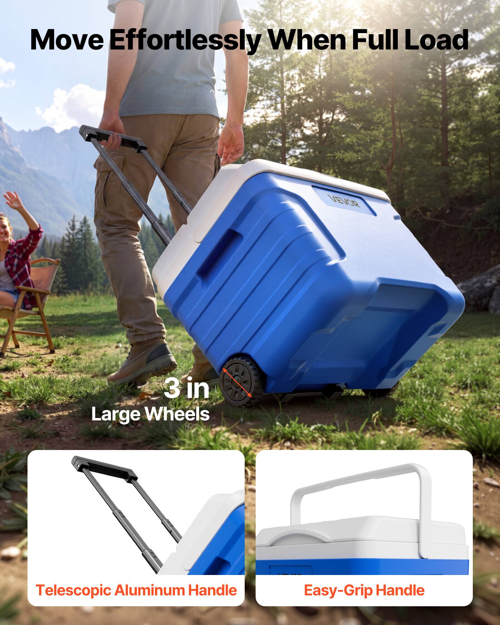 Move Effortlessly When Full Load

VEVOR

3 in Large Wheels

Telescopic Aluminum Handle

Easy-Grip Handle