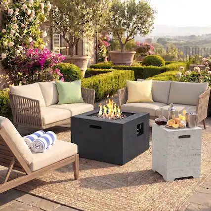 Front. Whisen - 24.02" MGO Propane Fire Pit & Side Table Set, 40,000 BTU Outdoor Gas Fireplace with Tank Cover - Black|Light Grey.