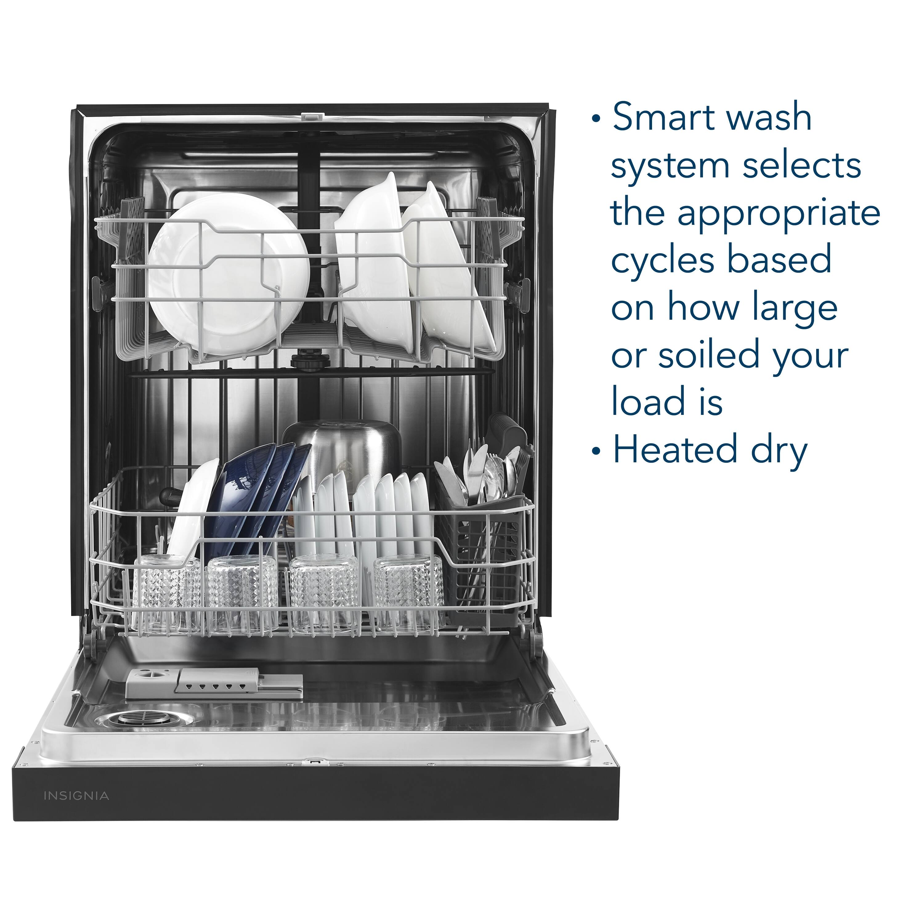 The image features a dishwasher with a silver rack holding various dishes, including plates and silverware. The dishwasher is described as a smart wash system that selects the appropriate cycles based on the size and cleanliness of the load. The dishwasher also has a heated dry feature, which is a convenient and energy-efficient option for drying dishes.