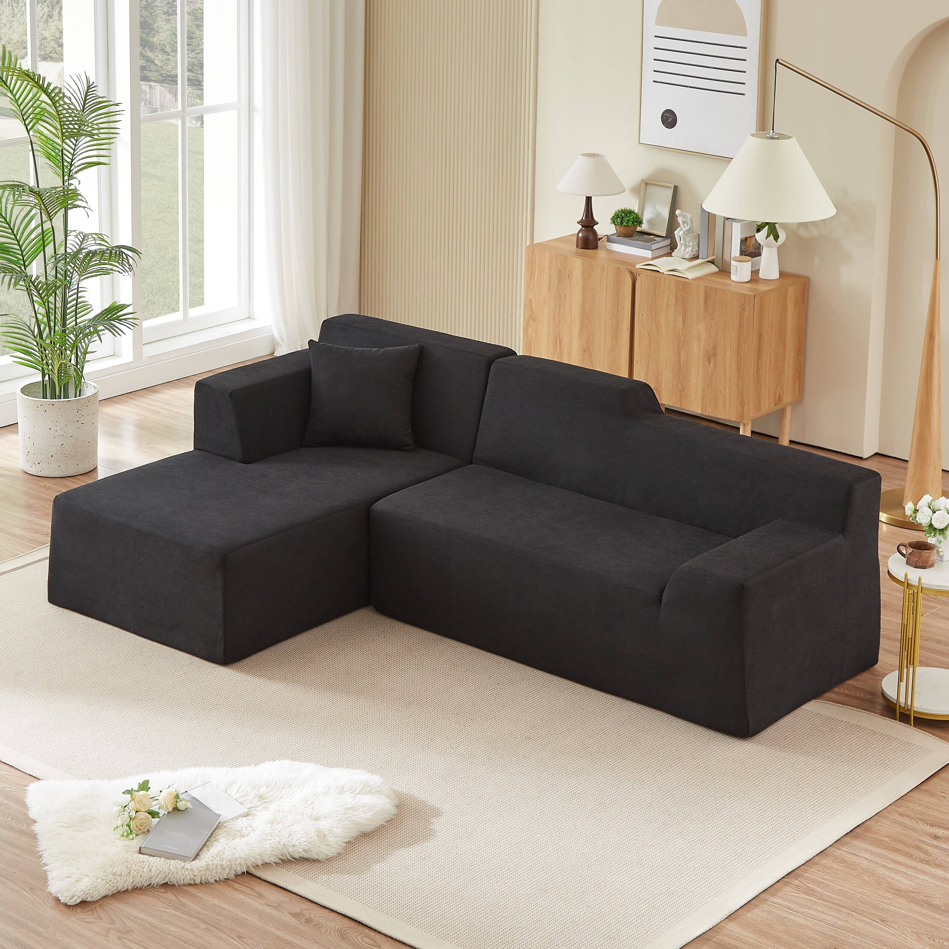 Front. Anysun - Anysun L-Shaped Design Left-Facing Modern Minimalist Corduroy High Raised Thickened Back Sofa - Black.