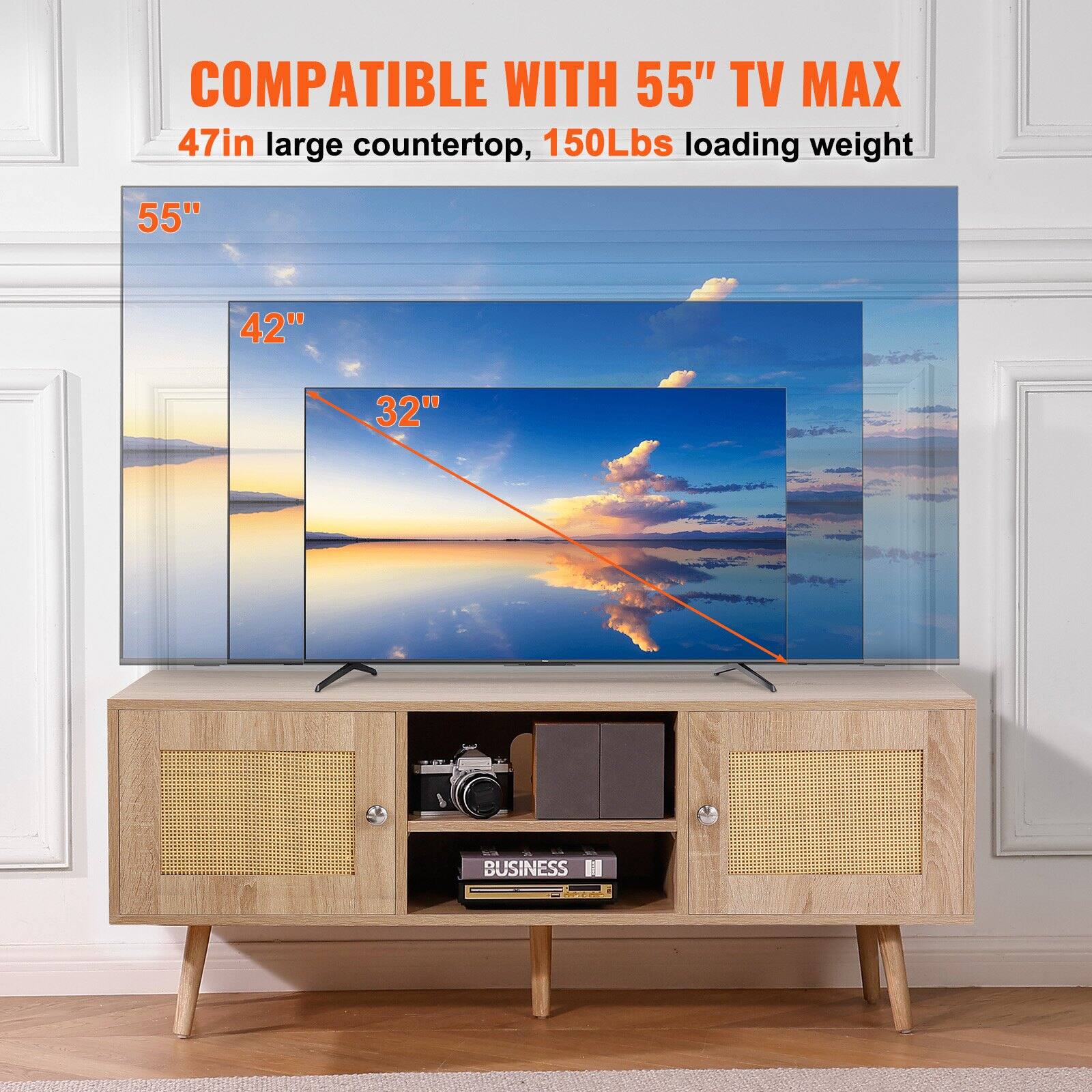 COMPATIBLE WITH 55" TV MAX  
47in large countertop, 150Lbs loading weight  

55"  
42"  
32"
