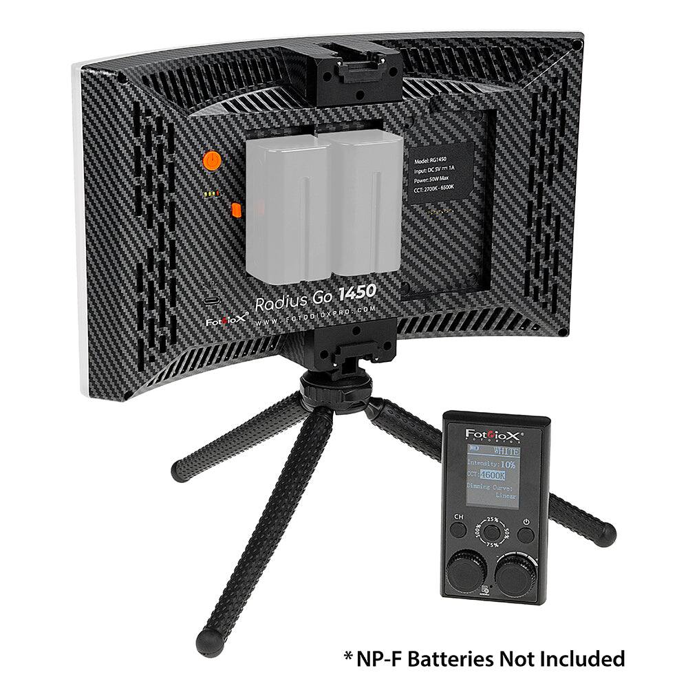 Sure, here is the corrected and grouped text from the image:

---

**FotioX Radius Go 1450**

**Model:** RG1450  
**Input:** DC 12V 1A  
**Power:** 200W Max  
**CT:** 2700K - 6500K  
**CCT:** 2700K - 6500K  

**FotioX**  
**www.fotiox.com**

**Input:** DC 12V  
**Power Supply:** AC 100-240V  
**Internal:** 1:10  
**CCT:** 4600K  
**Emit Curve:** Linear  
**CH:** 13k  
**NP-F Batteries Not Included**

---

This text is grouped and corrected for clarity.