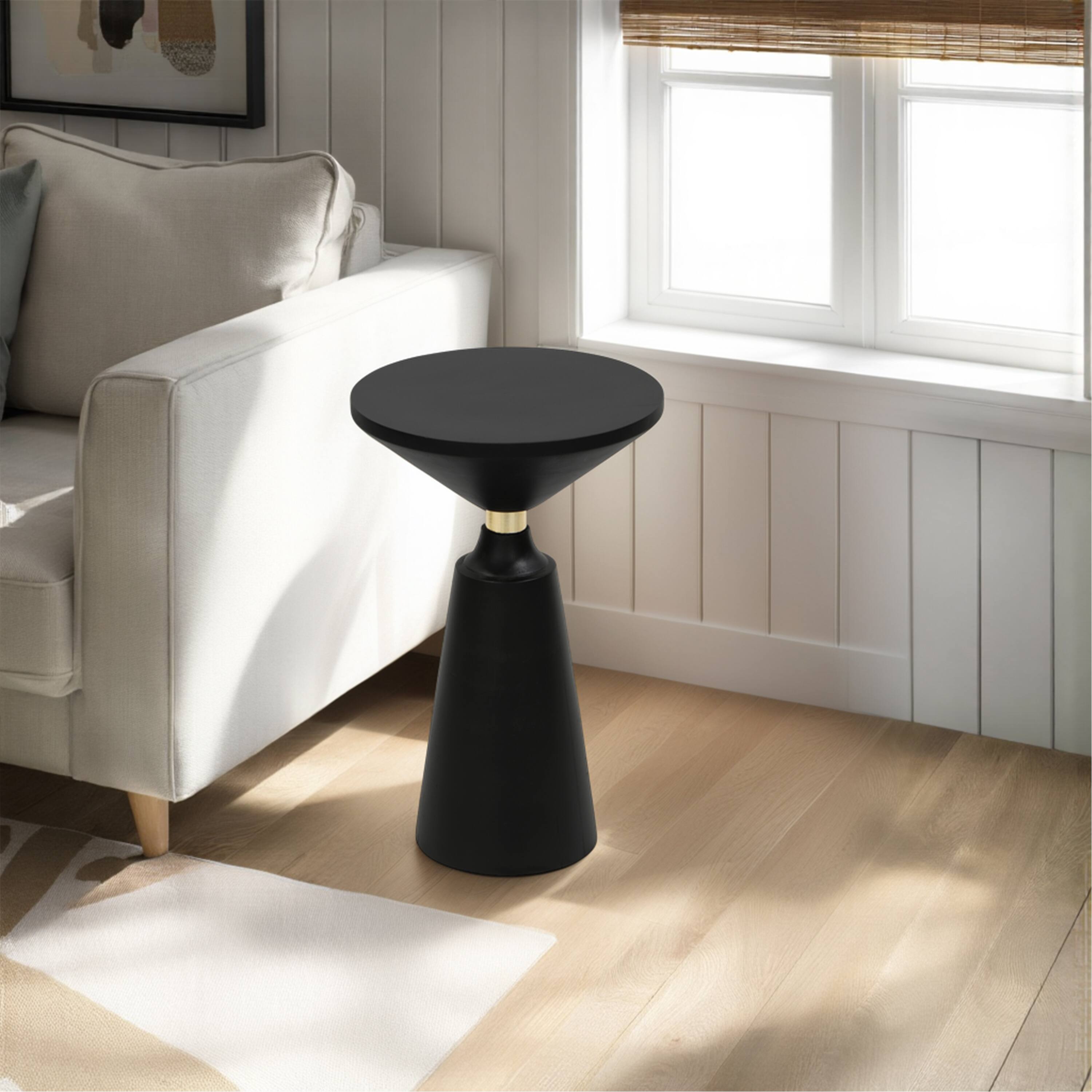 Alt View 9. Manhattan Lane - Fawn 20 Inch Side End Table, Black Mango Wood Round Top with Pedestal Base, Shiny Brass Support - Black, Brass.
